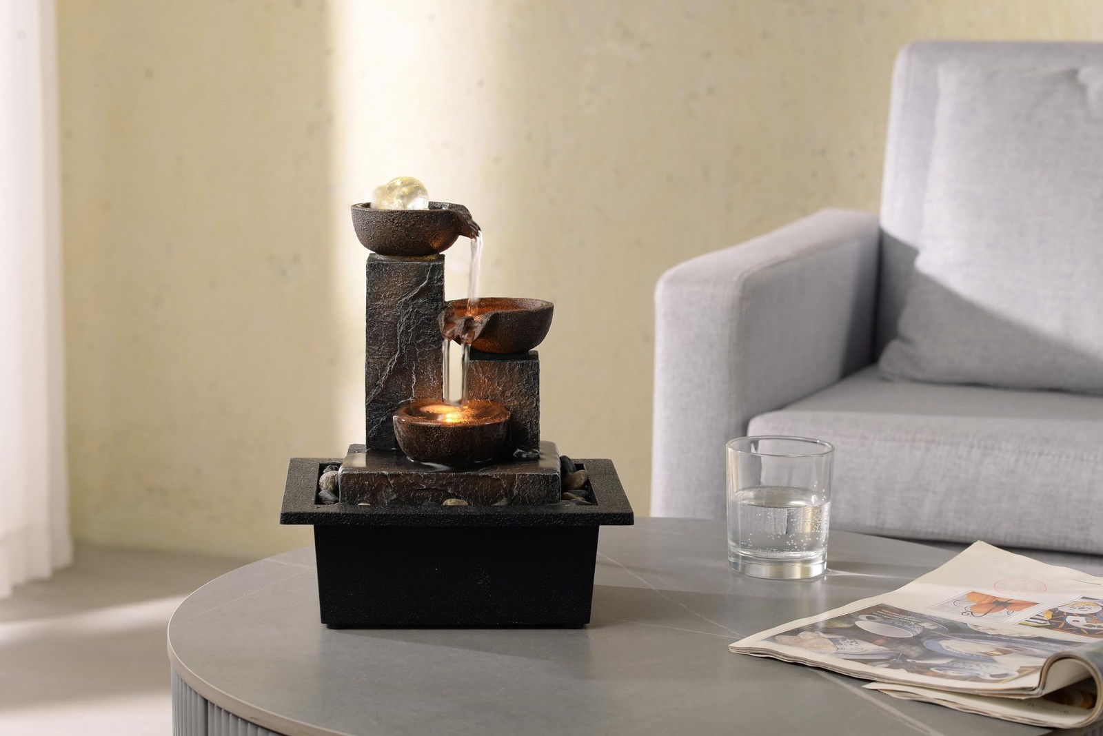 Three Bowls with Rotating Ball Flowing Tabletop Fountain Home Décor Indoor/