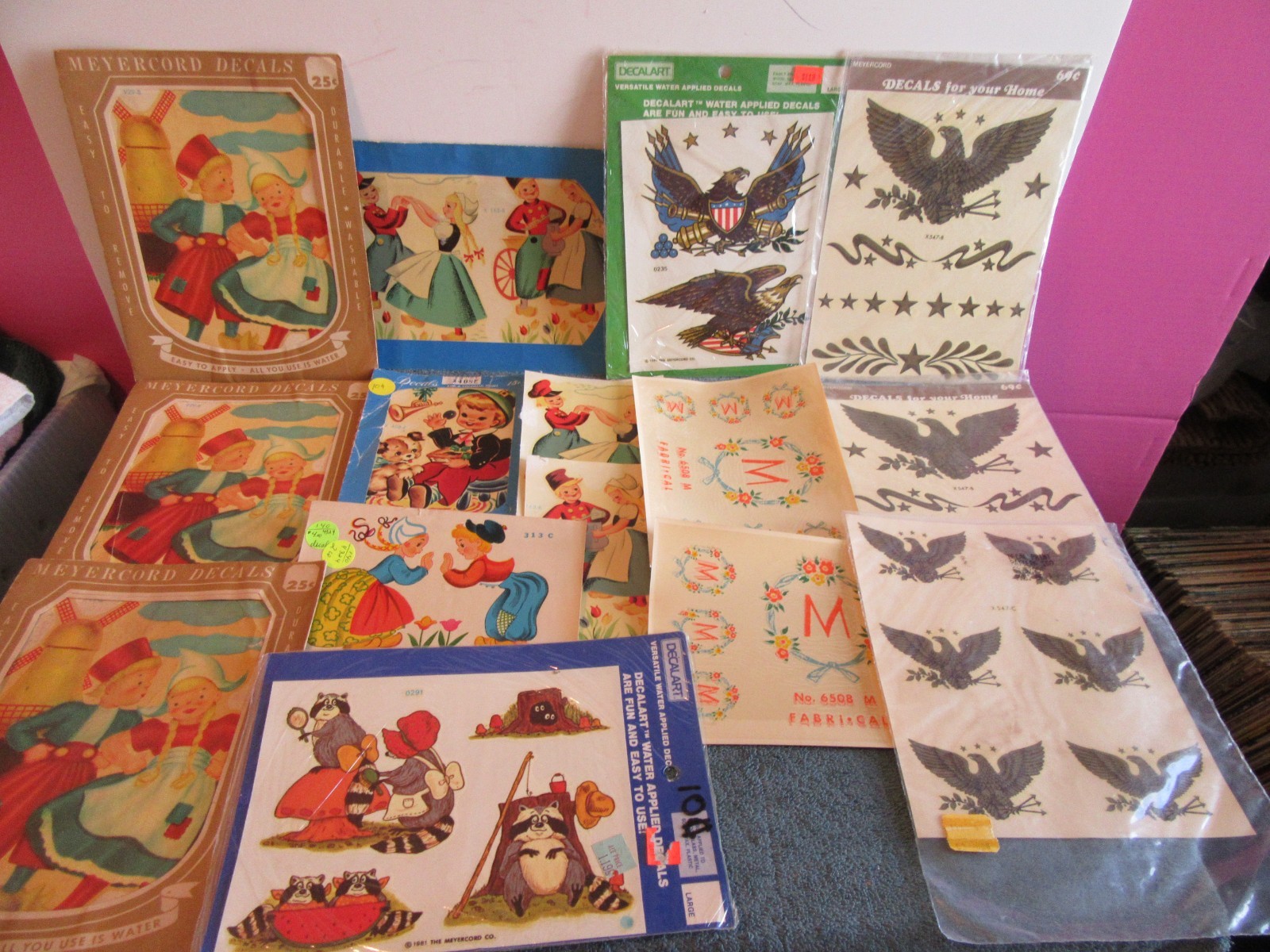 15 Meyercord decal transfer art eagle dutch boy girl M raccoon NEW