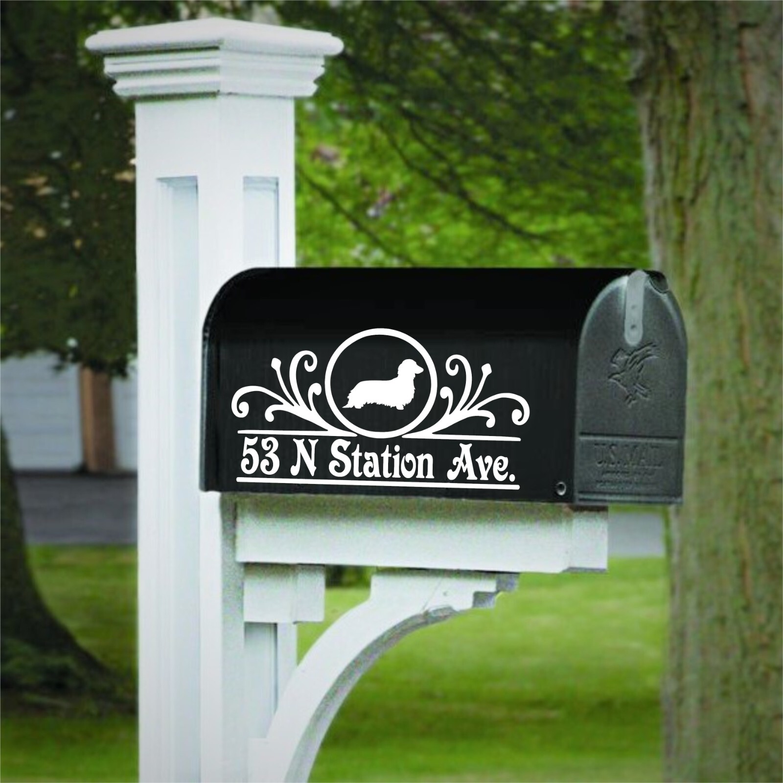 Set of 2 Long Hair Dachshund Decals Personalized with Street Address for Mailbox