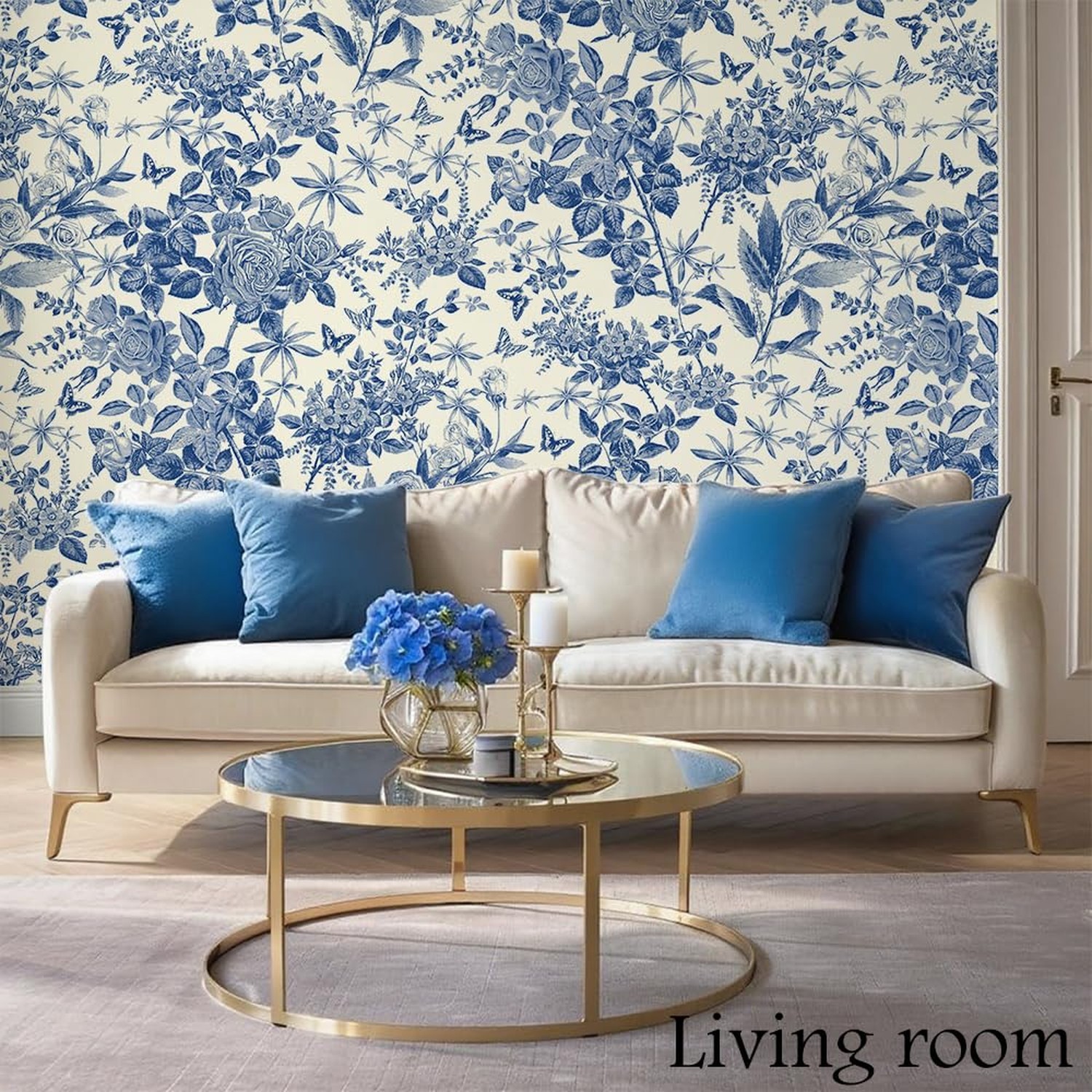 Blue Floral Peel and Stick Wallpaper, Removable Self-Adhesive Waterproof Cont…