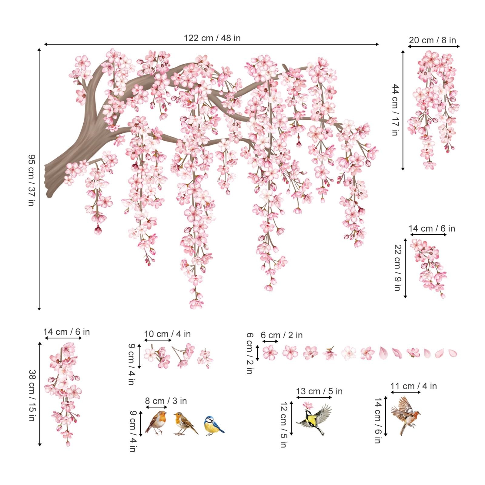 Large Pink Flower Tree Branch Wall Decals Cherry Blossom Tree Floral Birds Wa…