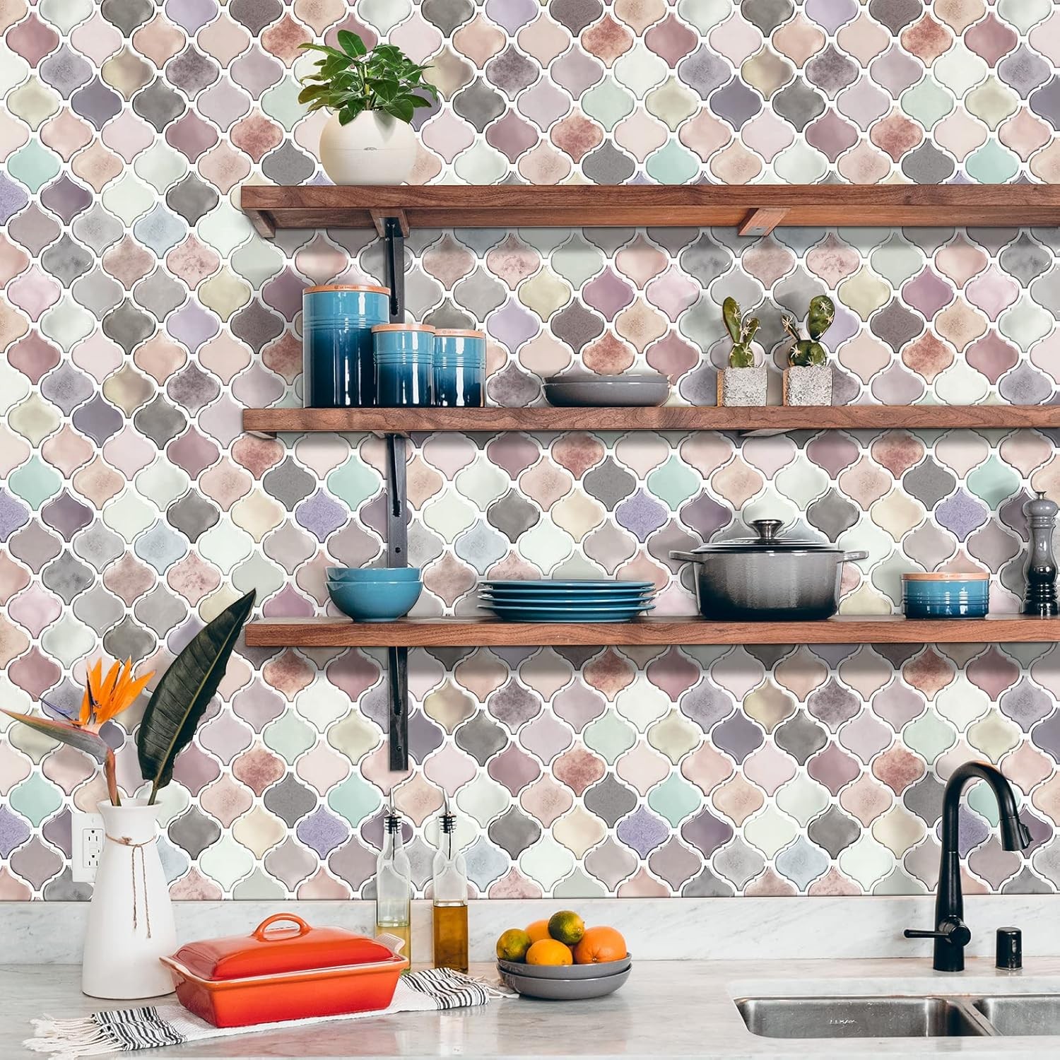 10P Pink Arabesque Peel Stick Tile 12×12” Self-Adhesive Kitchen Backsplash Stick