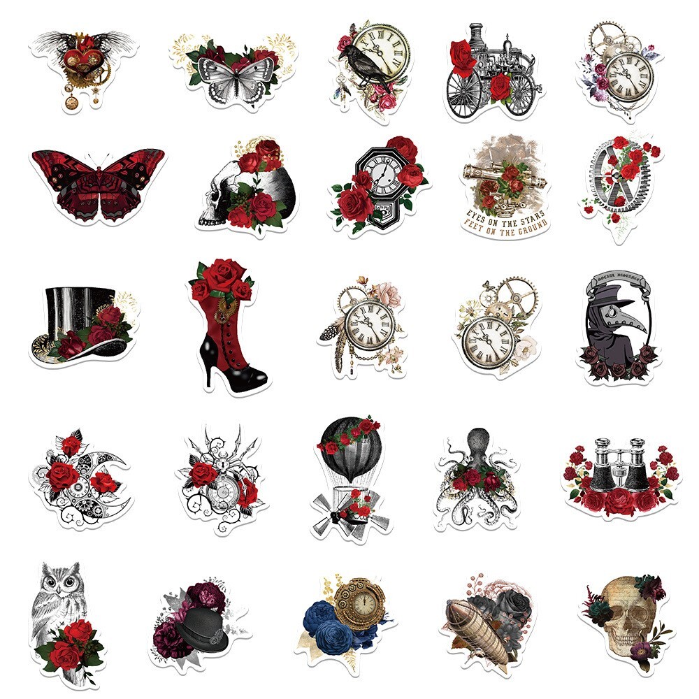 50pcs RETRO ROSE Vintage Stickers, Aesthetic Clock Furniture Owl Flowers, #222