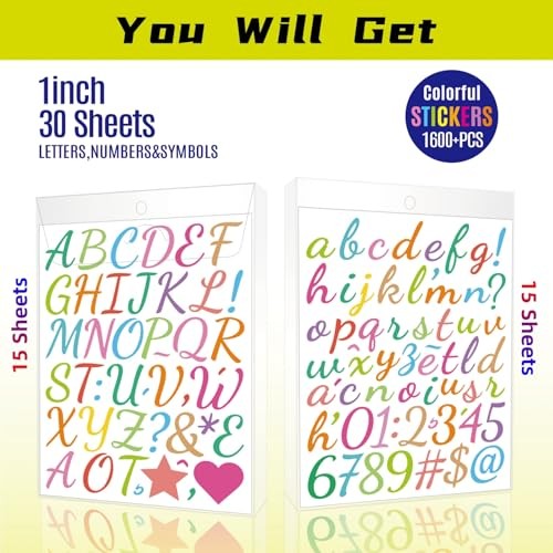 New 1600Pcs 30 Sheets Small Letter Number Stickers, Colorful (Writing Style)