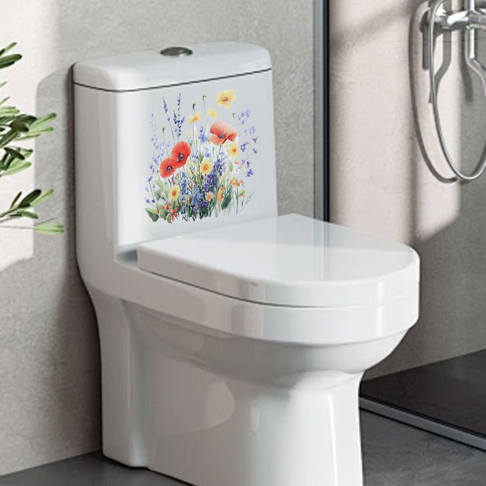 Decorative PVC Stickers for Toilet with Floral and Leaf Designs Set of 4
