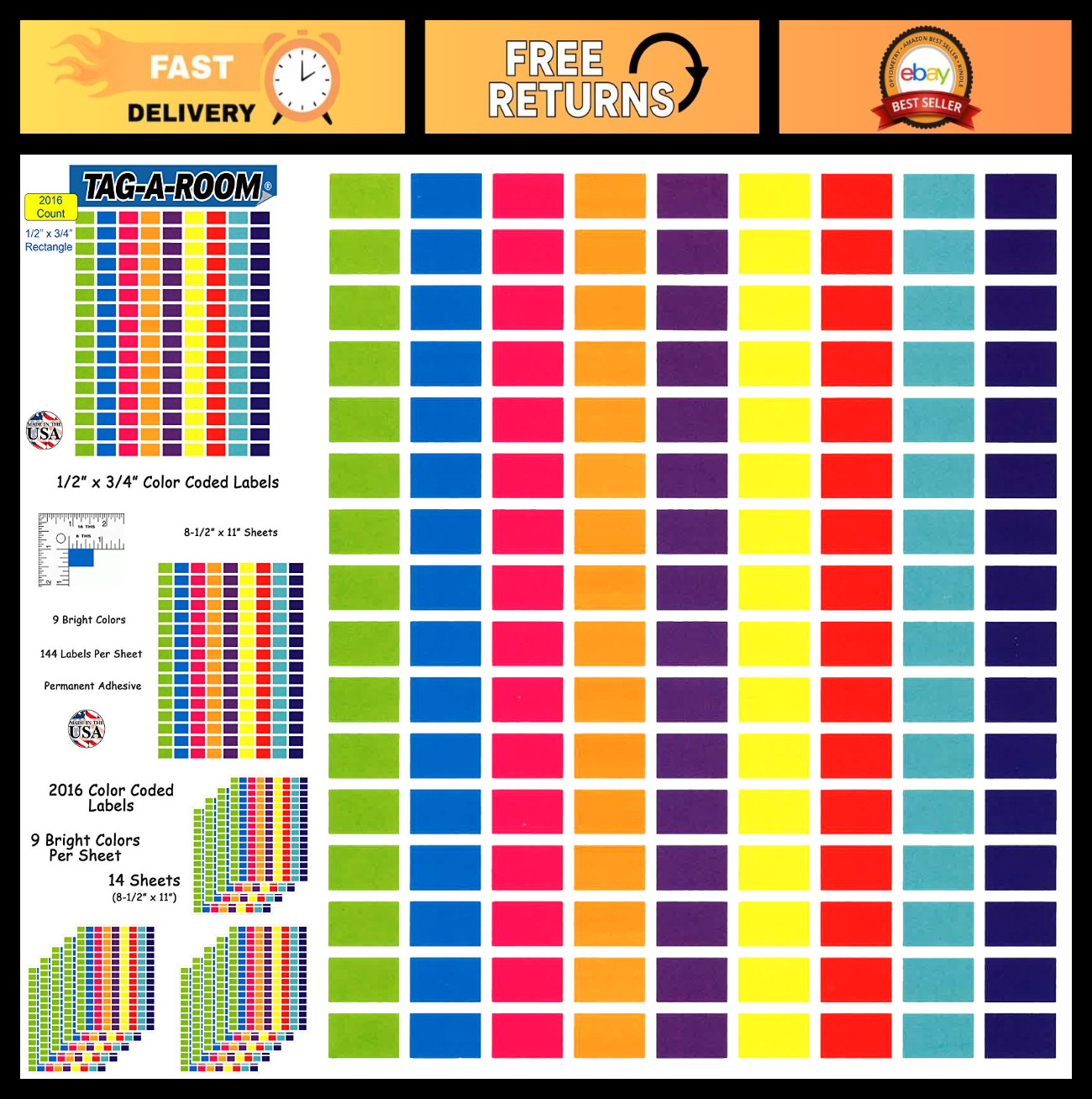 Color Coding Dot Label Stickers – 1/2" x 3/4" Rectangles, 9 Bright Colors, 2016