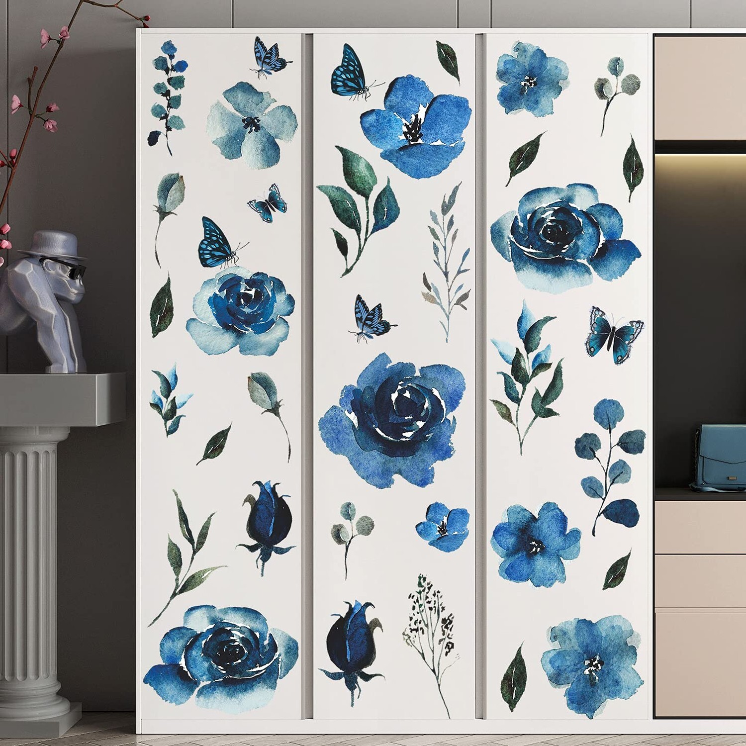 4 Sheets Watercolor Blue Roses Wall Decals Art Flowers Wall Stickers Removabl…