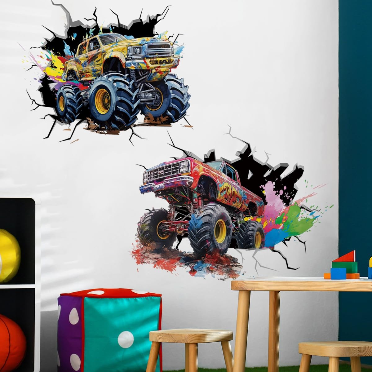 Large Monster Truck Wall Decals for Boys Room 3D Racing Car Wall Sticker Bedr…