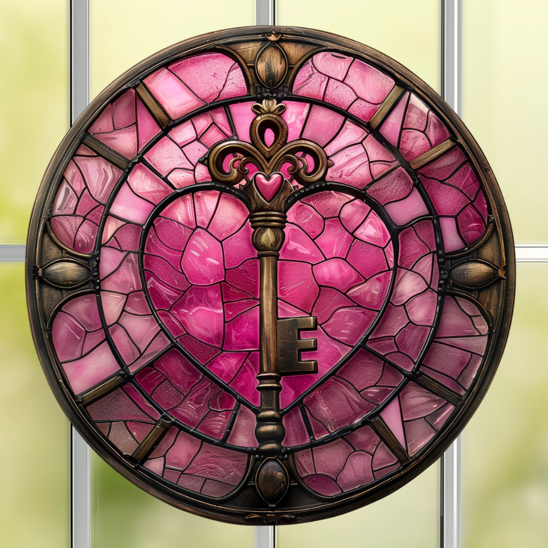 Key to Heart Faux Stained-Glass WINDOW CLING Suncatcher Size 8" Round