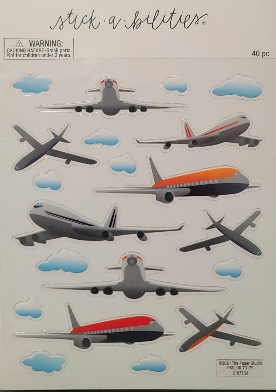 AIRPLANE STICKER "ASSORTED AIRPLANE'S" SIZES 1 1/2 TO 2 1/2 (40 PLANES TOTAL)