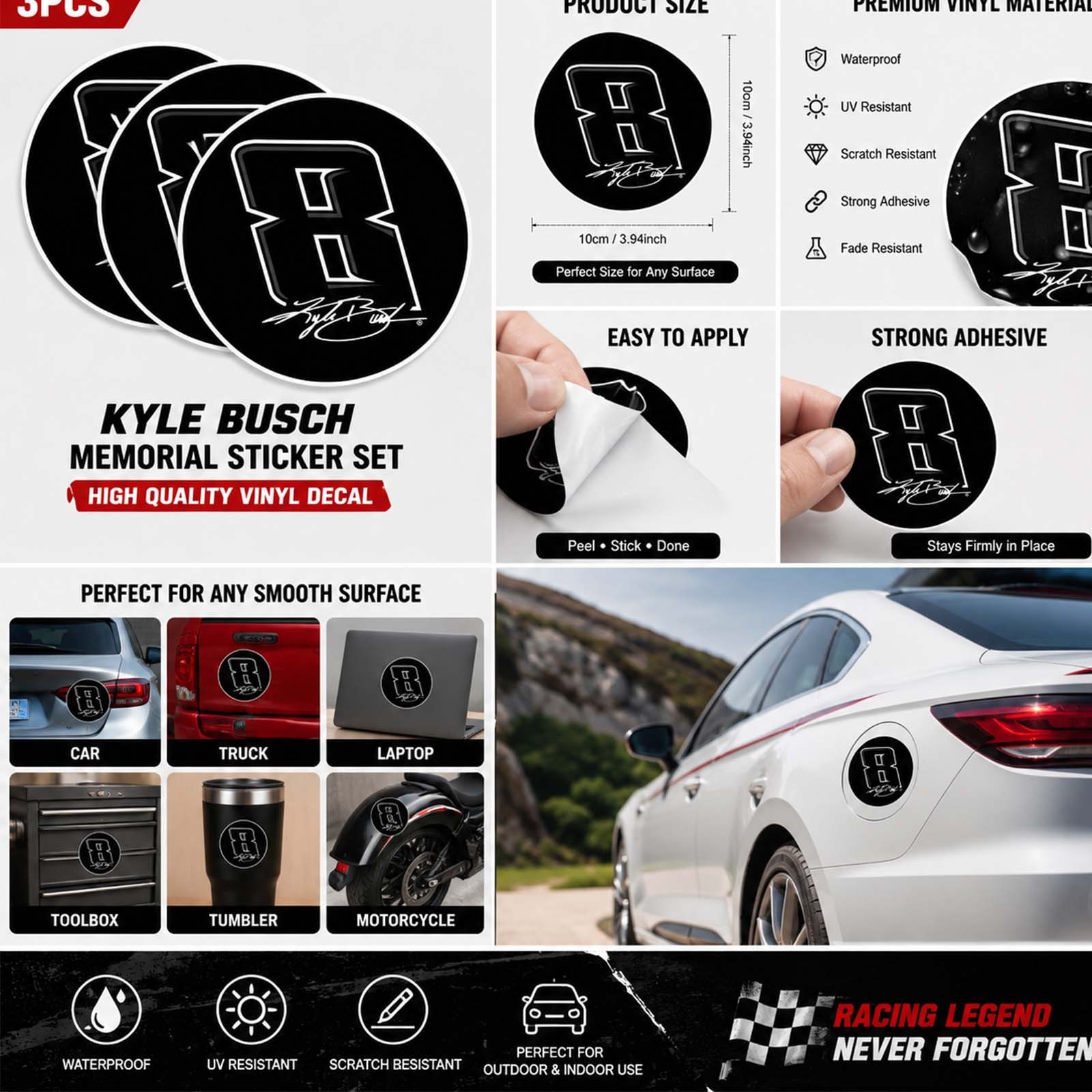 3pcs Kyle Busch 3” Round Tribute Sticker, Fan Gear 8 Decal