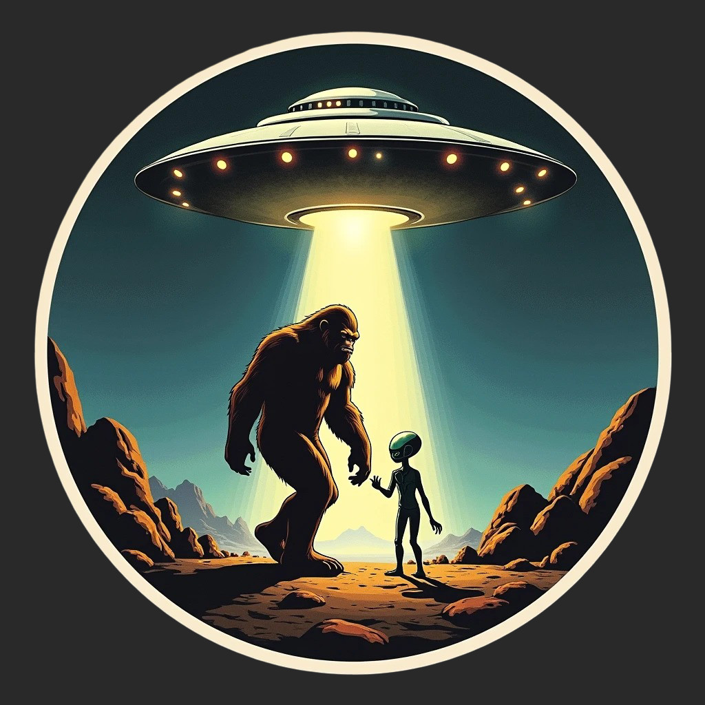 Bigfoot alien sticker vinyl decal handshake woods cryptid UFO truth area 51