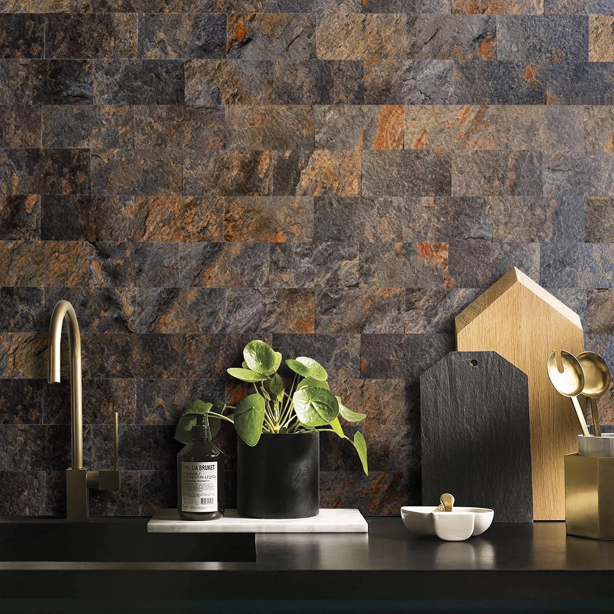 100 Piece Rust Slate Peel and Stick Backsplash Wall Tiles, 3" x 6" PVC Faux S…
