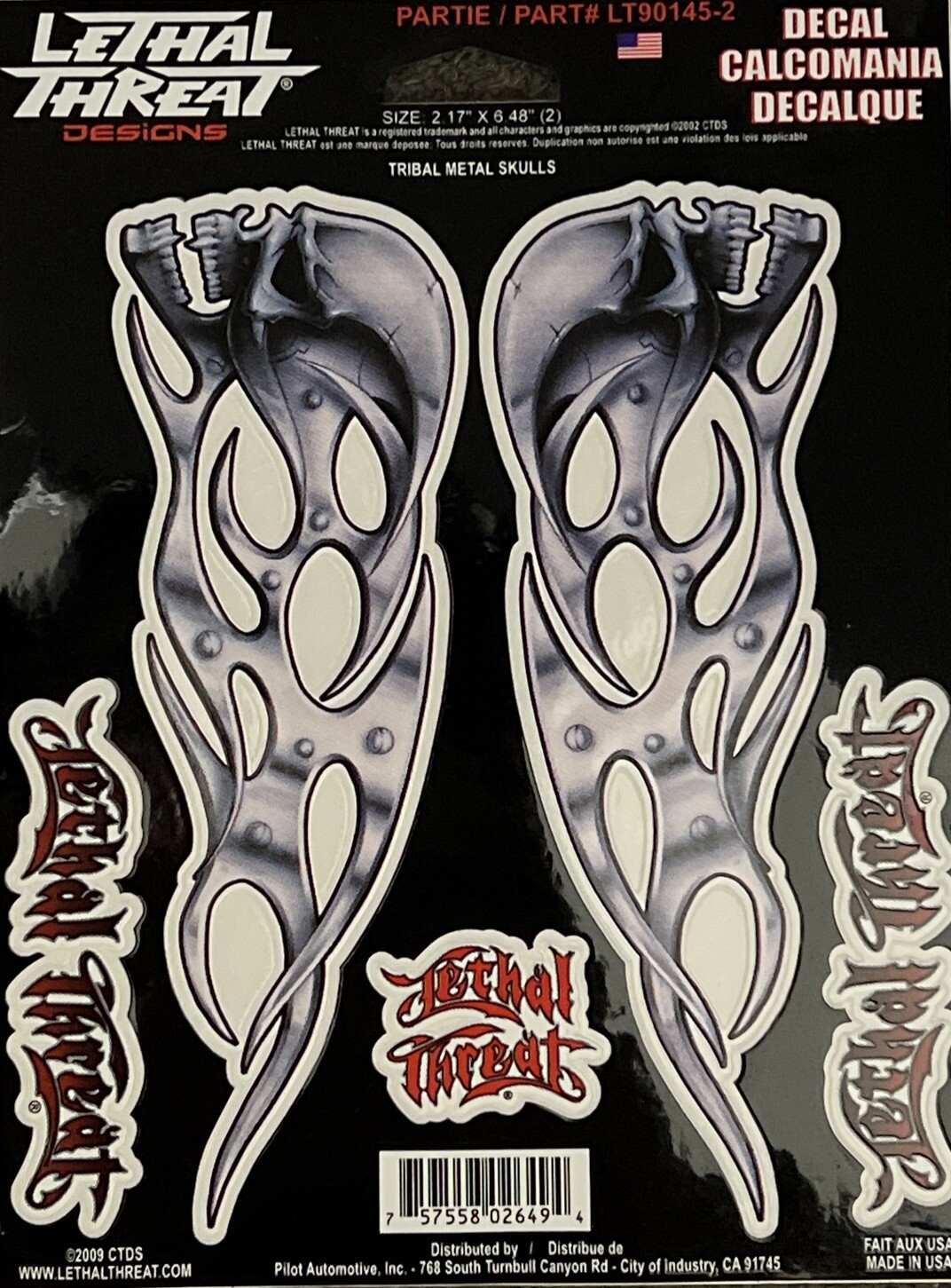 LETHAL THREAT LEFT/RIGHT TRIBAL METAL SKULLS DECAL Sticker 2.17"x6.48"(2)