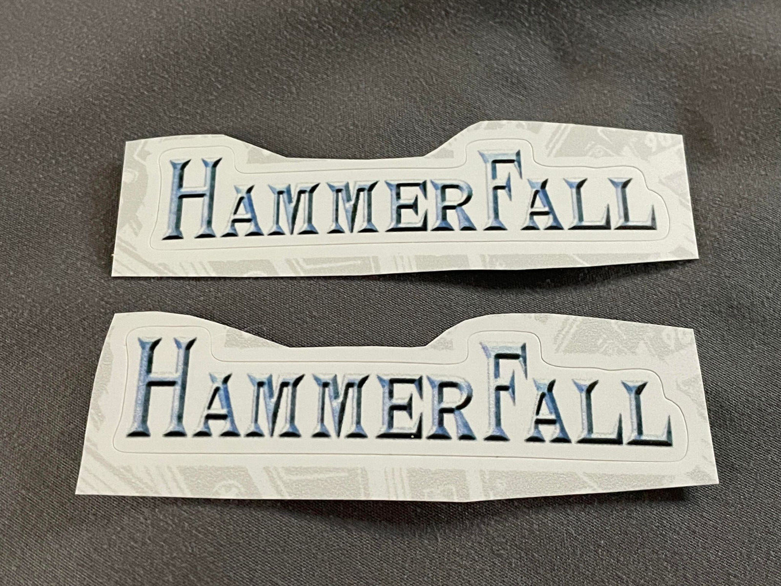 Lot (2) HAMMERFALL 3/4" x 3" Band Logo STICKERS Blue White FAST! FREE SHIP!