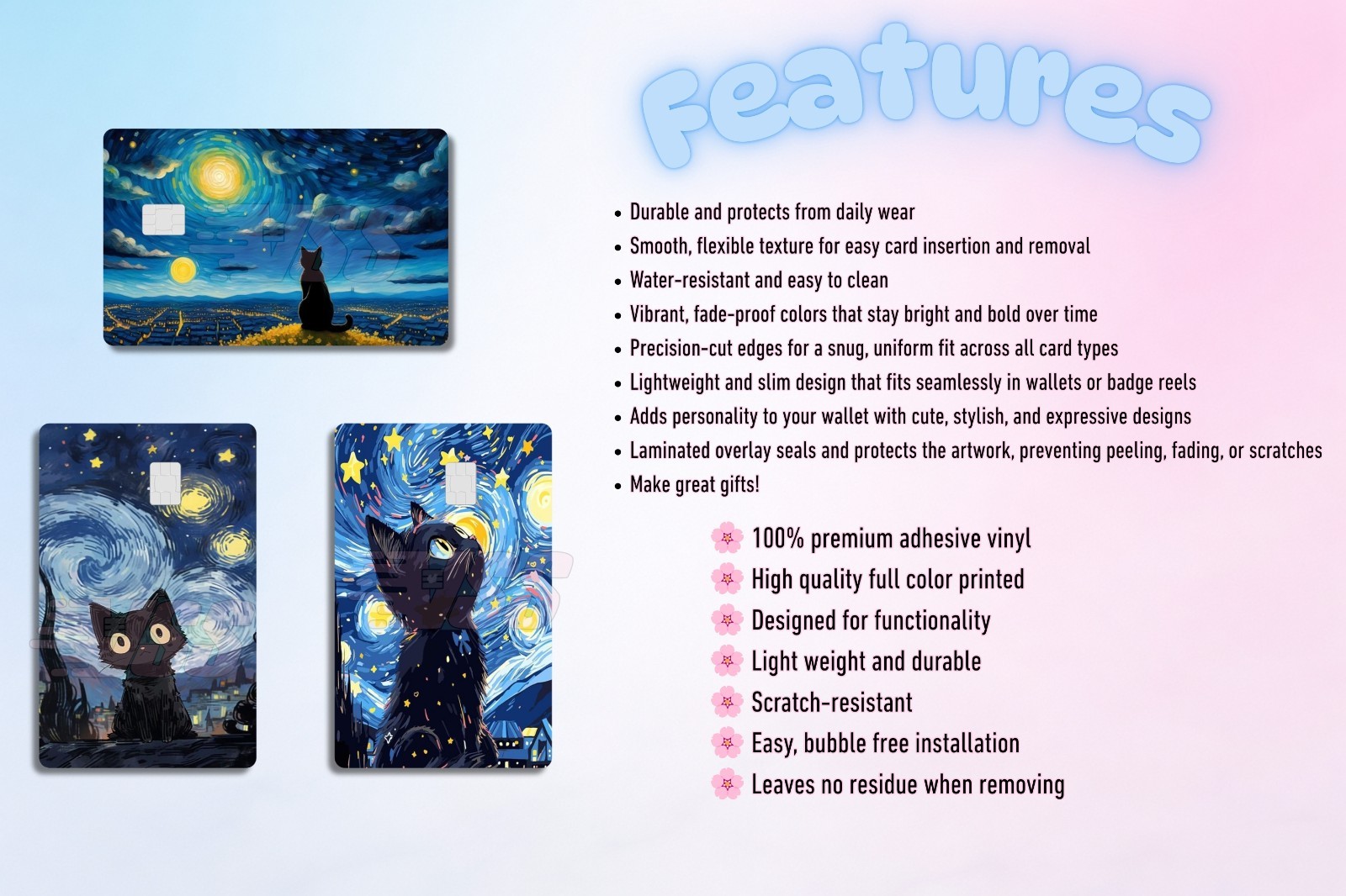 3‑Pack Cute Black Cat Card Skins – Vinyl Credit & Debit Card Covers | Durable