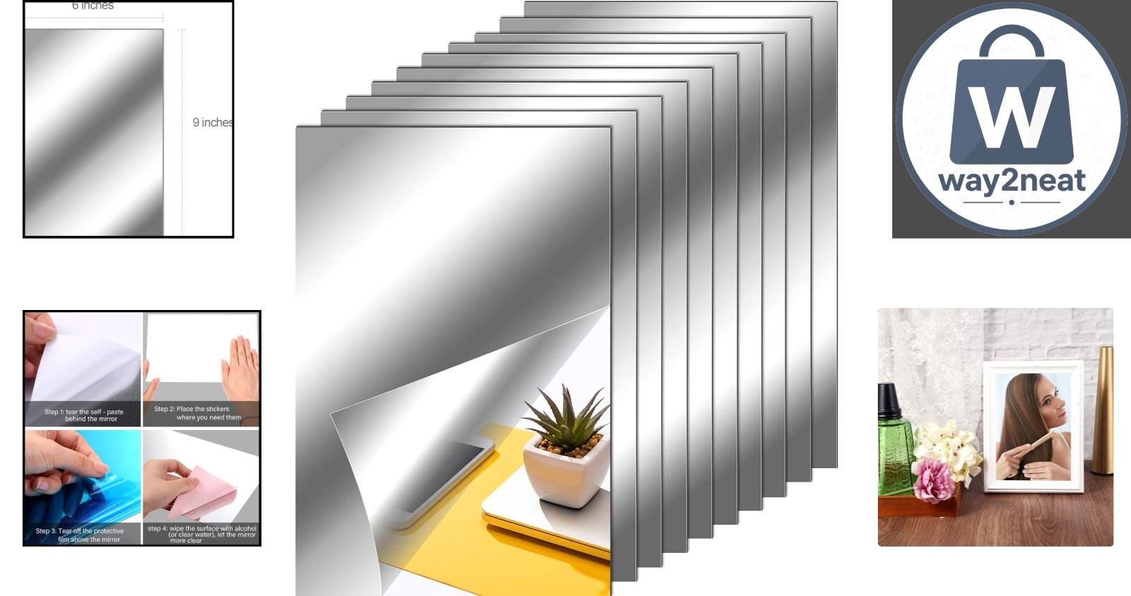 10 Pack Self-Adhesive Flexible Mirror Tiles – 6×9 Inches for Elegant Wall Decor