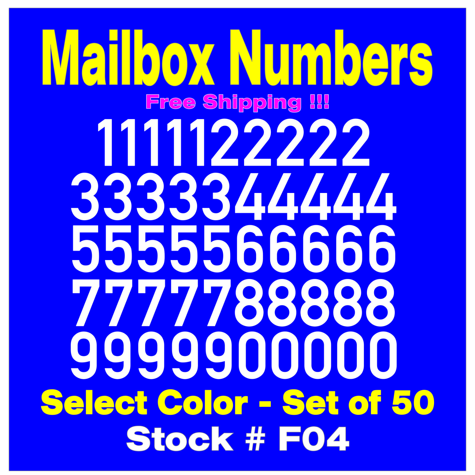 Mailbox NUMBER Vinyl Decals Set of 50 Numbers SIZES 1/2" up to 4" STK# F04