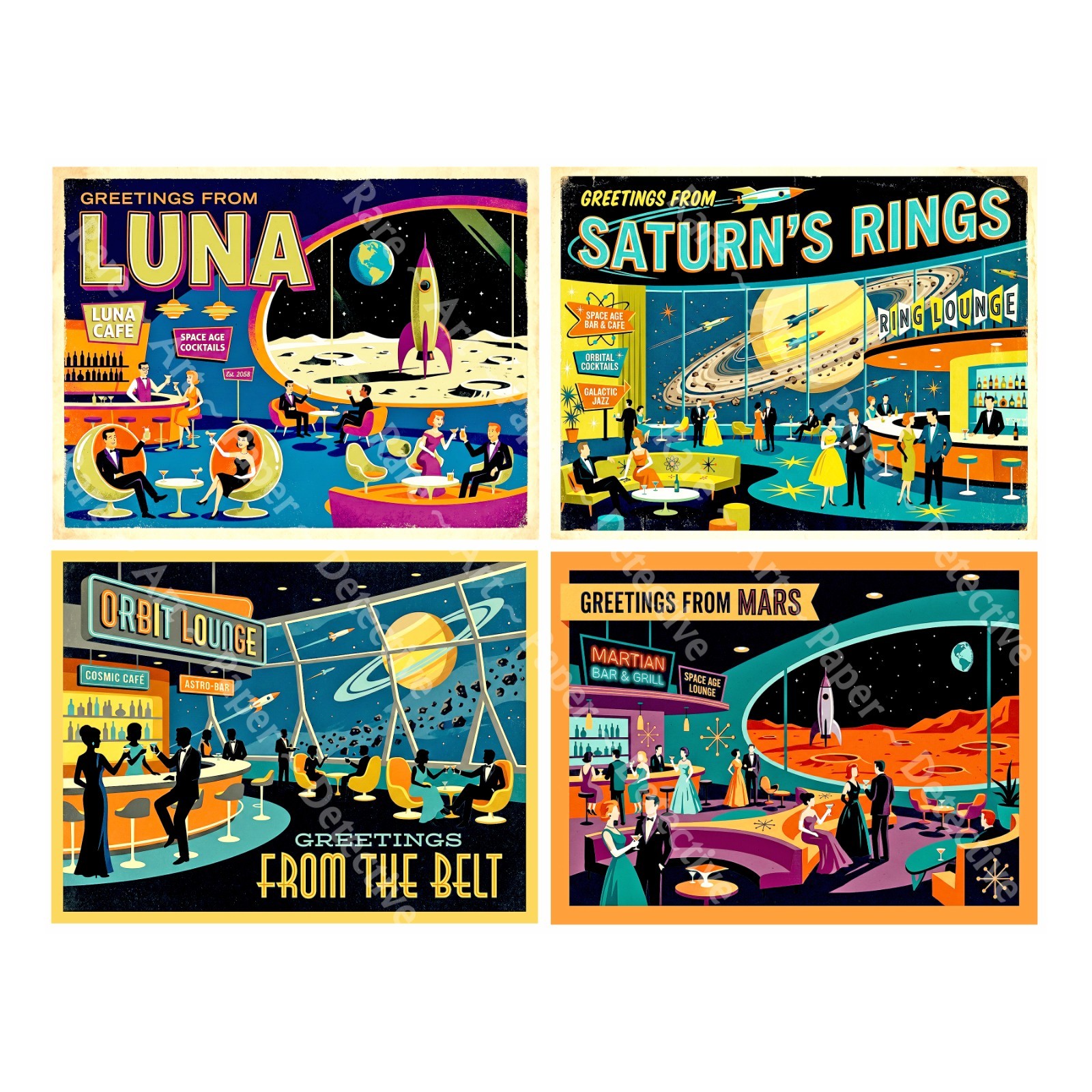 Space Adventure Bar Stickers, Mid-Century Modern, 4 Labels on 1 Sheet, 1537