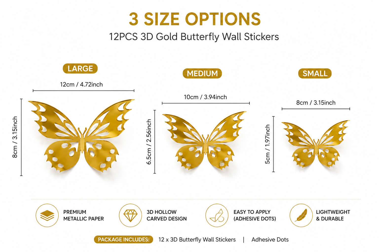 12PCS 3D Gold Butterfly Wall Stickers Metallic DIY Home Room Decor Decals