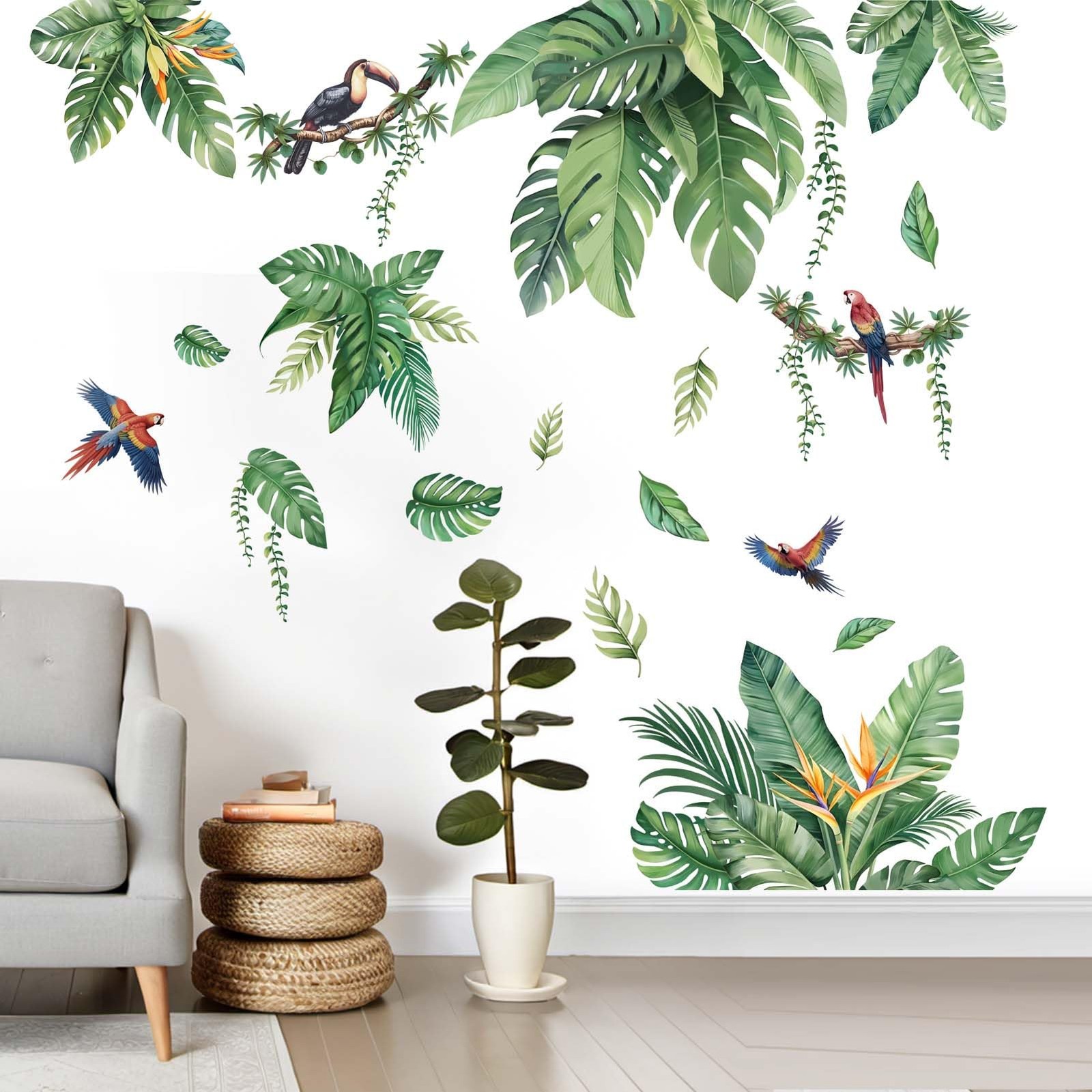 Leaves Wall Stickers for Living Room: Peel and Stick Tropical Plant Green Han…