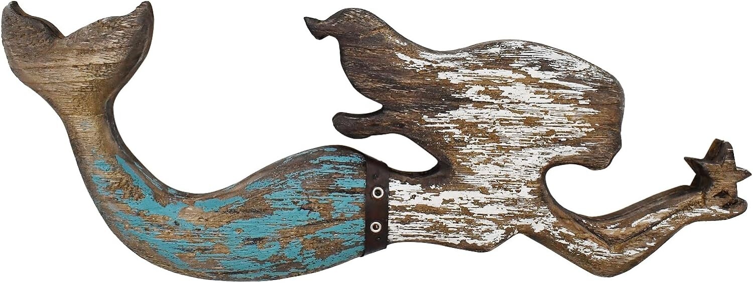 Nautical Decor Wood Hanging Mermaid Wall Art Coastal Decorations(B)
