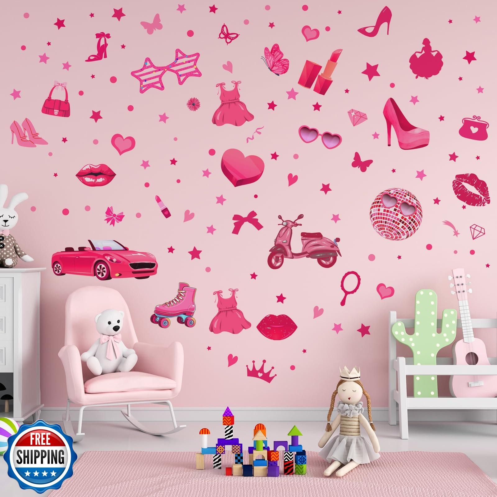 Chivertion 116 Pcs Hot Pink Girl Wall Stickers, Princess Doll Lip Heart Room