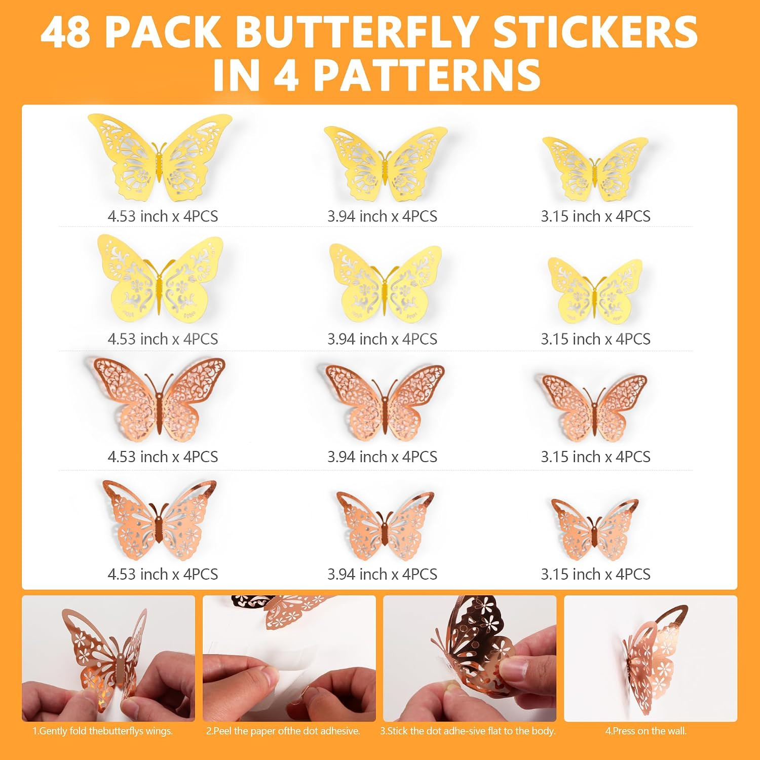 48 Pcs Gold and Rose Gold Butterfly Decorations, 4 Styles 3 Sizes, Wall