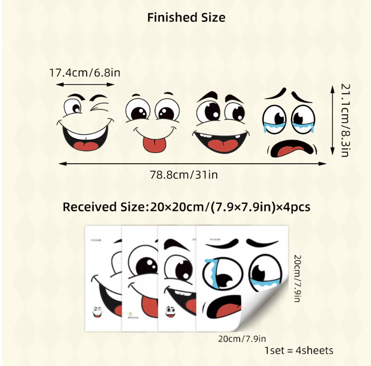 4pcs Cartoon Face Stickers Self Adhesive Funny Trash Can Toilet Decor – NEW