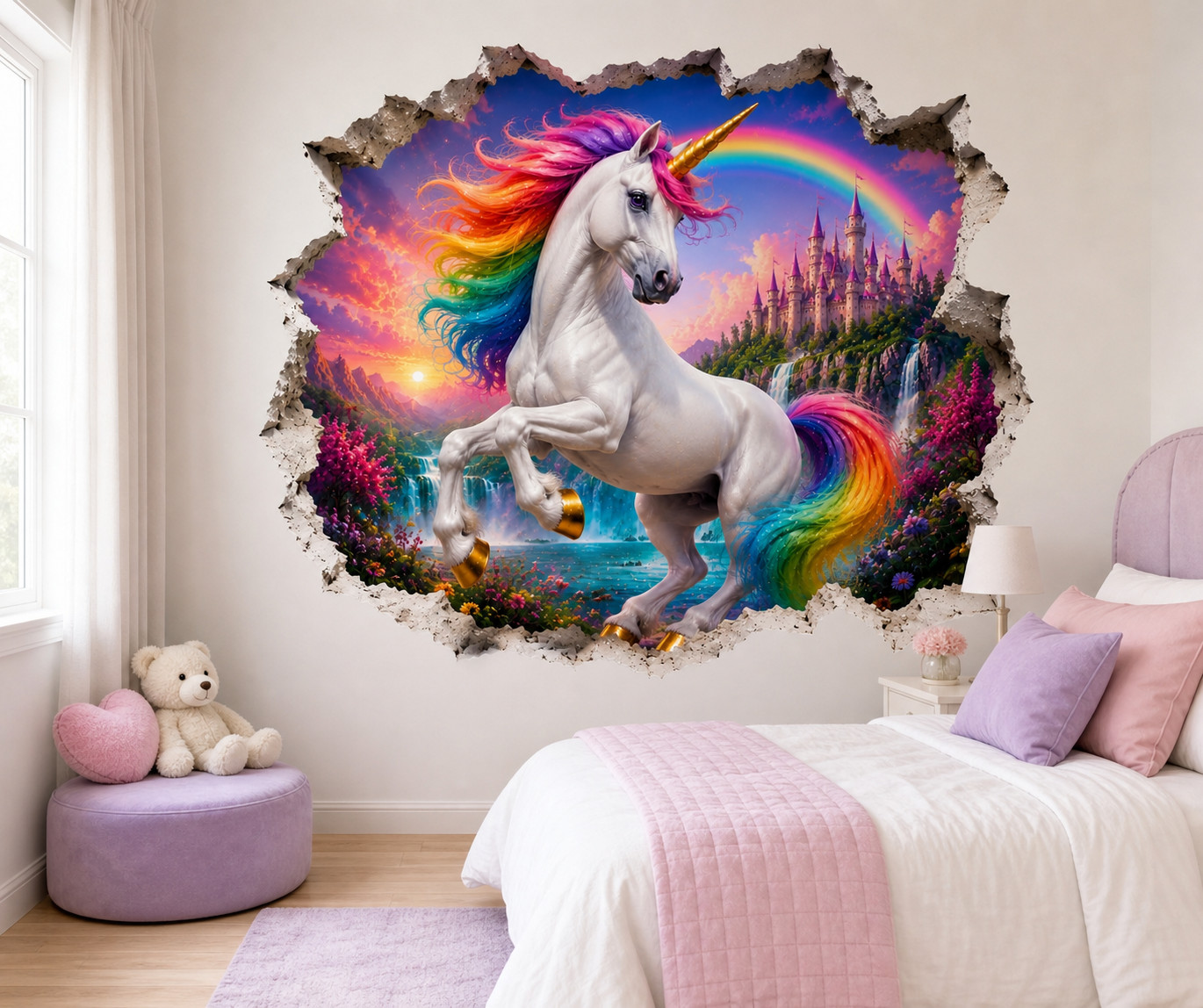 3D Unicorn Wall Decal Rainbow Castle Sticker Fantasy Girls Room Decor M-108