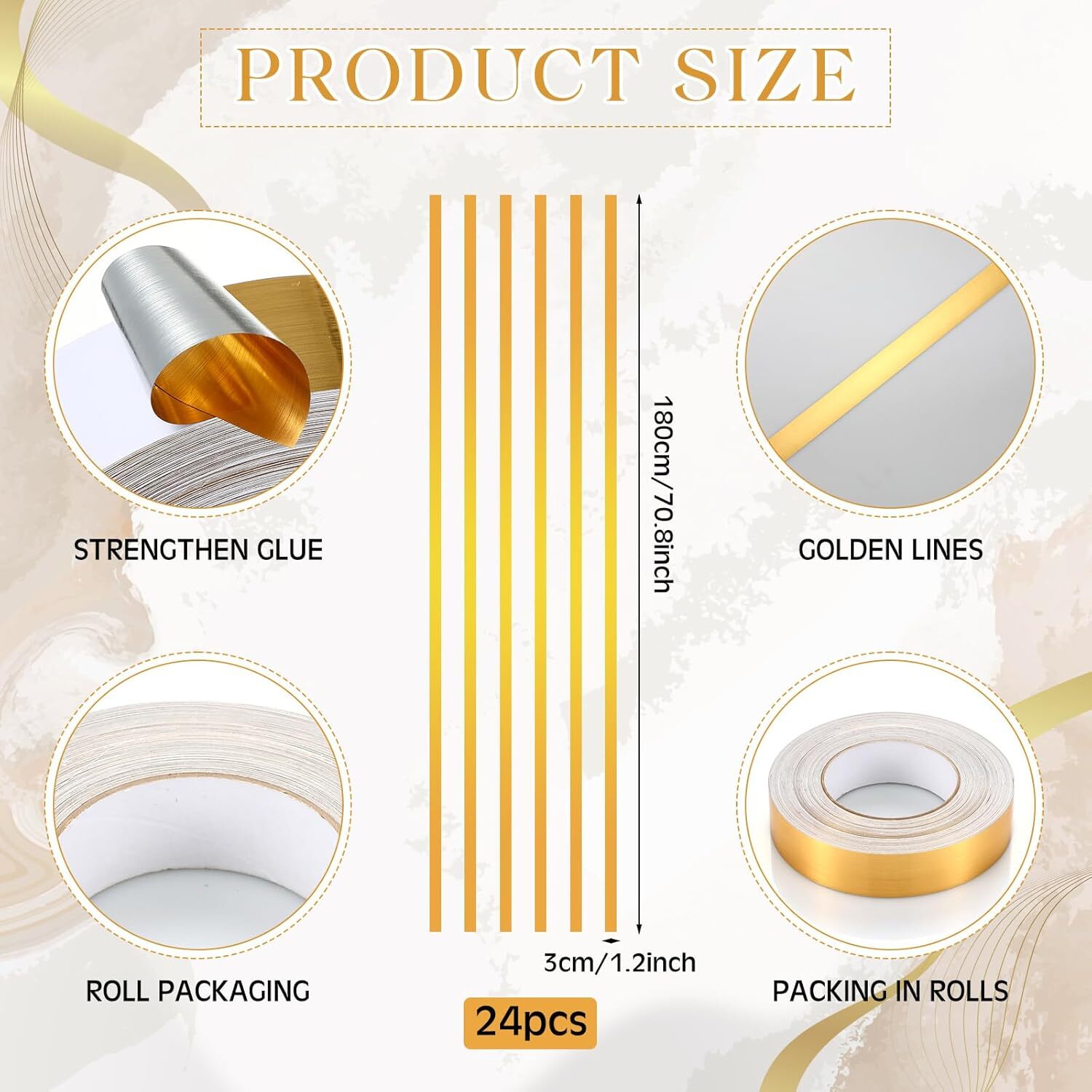 Hoolerry 24 Pcs 70.8 x 1.2 Inch Metallic Line Wall Decals Peel and Stick Gold