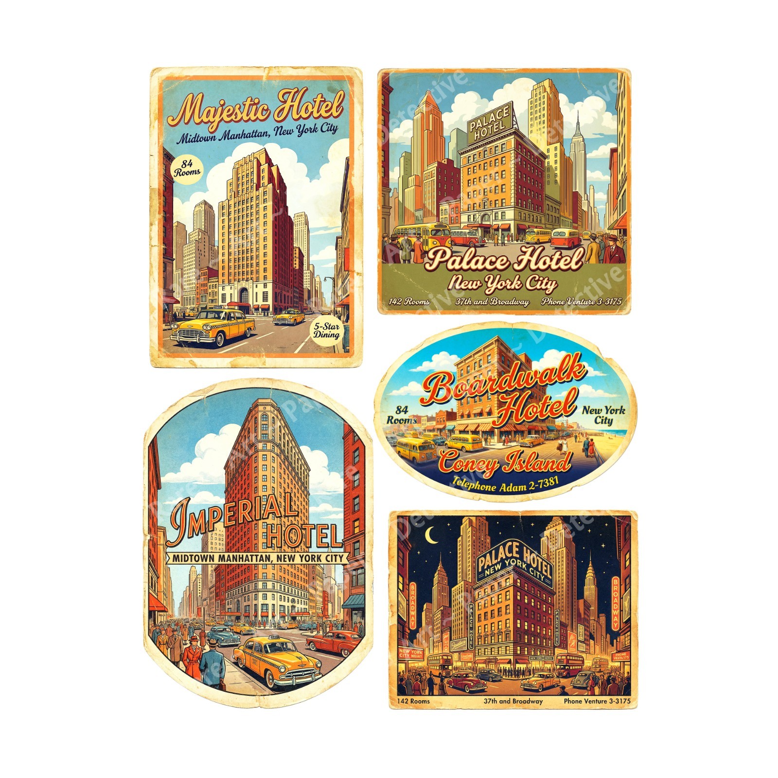 New York City Hotel Luggage Stickers, 5 Labels, Cut and Peel Sheet, 1174
