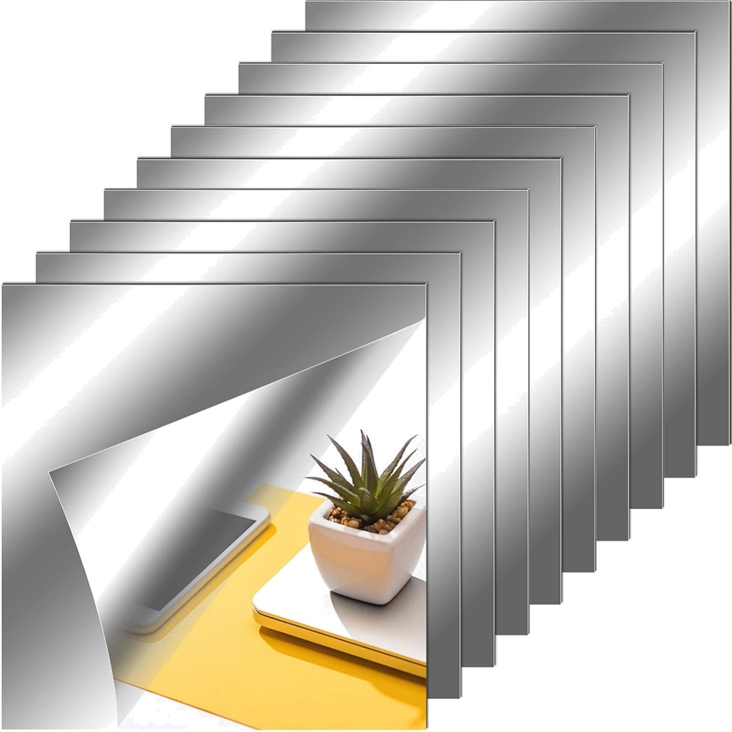 Set of 10 Self-Adhesive Flexible Mirror Sheets for Chic Home Decor – 12×12 in