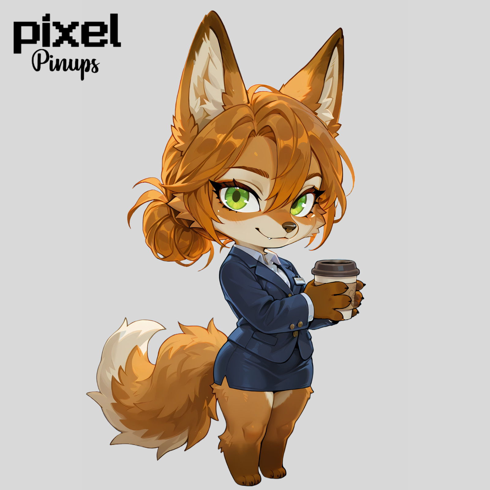 Furry Fox Chibi Pinup Sticker 5.1" Saffron Office Coffee Suit Vinyl Waifu
