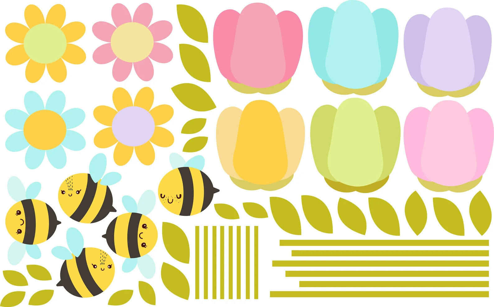 Flower wall decals Decor Cute Bee Tulip Floral Home decor Nursery Kawaii LF025