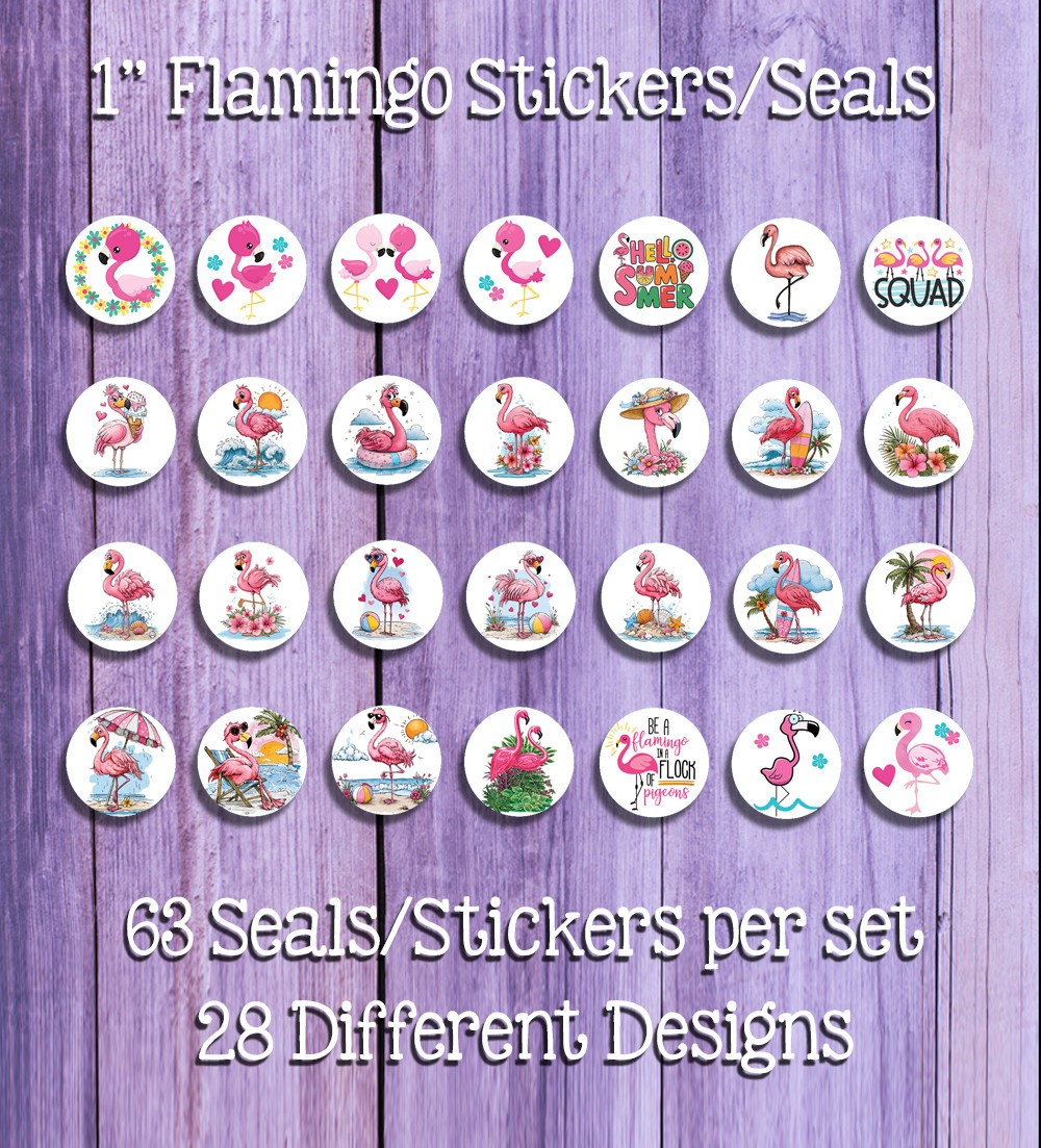 1" Round Flamingo Design Stickers / Seals, 63 Flamingo Stickers