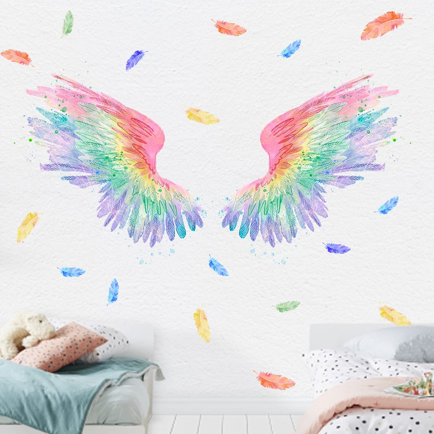 Angel Wings Watercolor Feather Wall Stickers, Multicolor, PVC, Custom Style, …