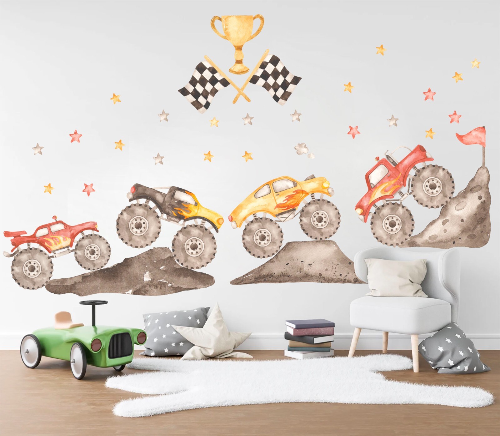 Watercolor Monster Trucks Desert Buggy Removable Nursery Wall Decal Sticker