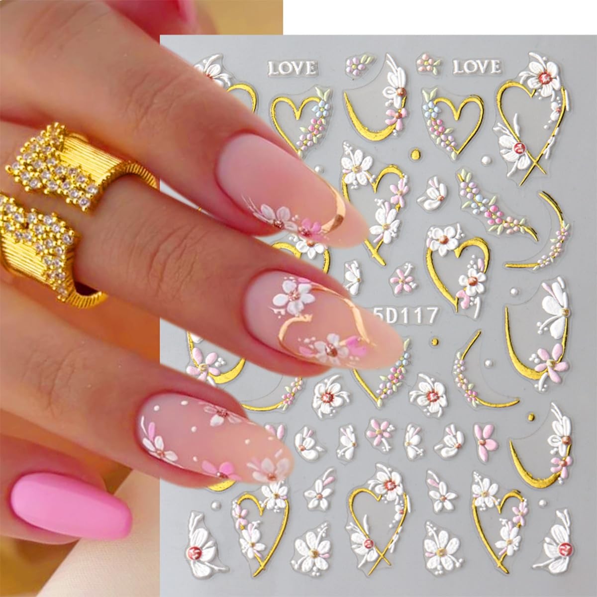 JMEOWIO 3D Embossed Flower Nail Art Stickers Decals Self-Adhesive 5D Colorful