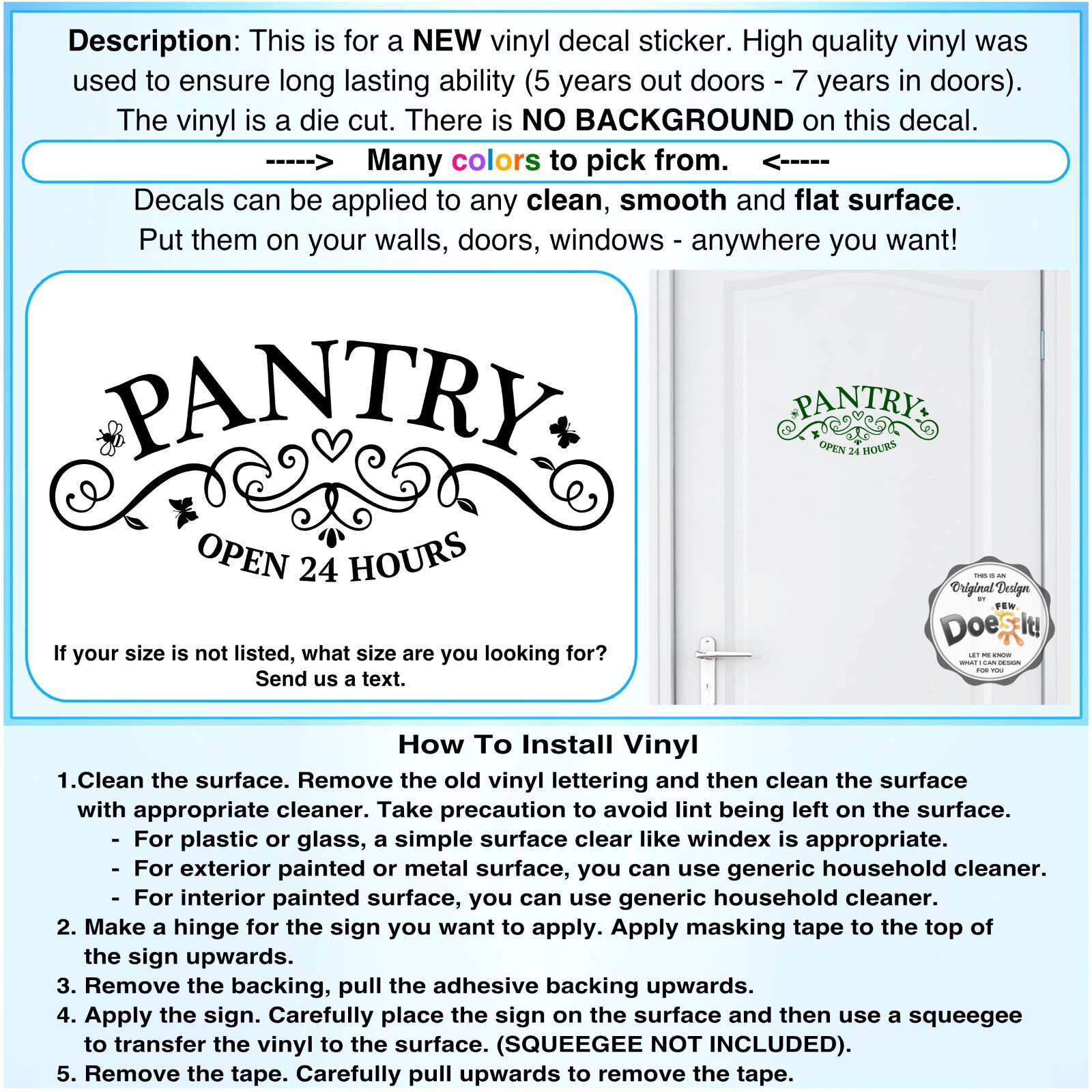 Pantry Door Decal Open 24 Hours Sign Modern Kitchen Antique Vintage Vinyl D200