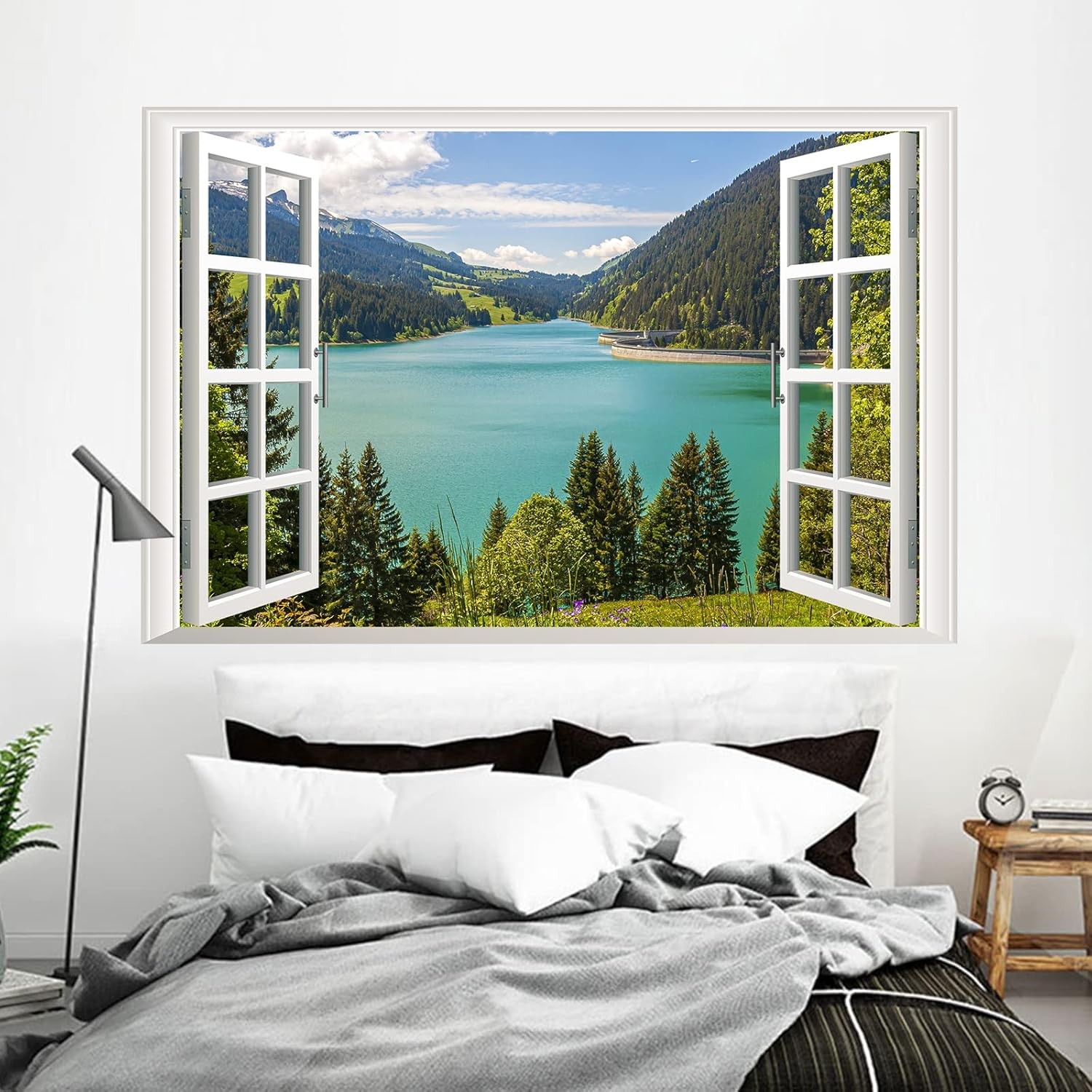 3D Lake View Fake Window Wall Stickers, Nature Mountain Forest Lake Mural, Wall