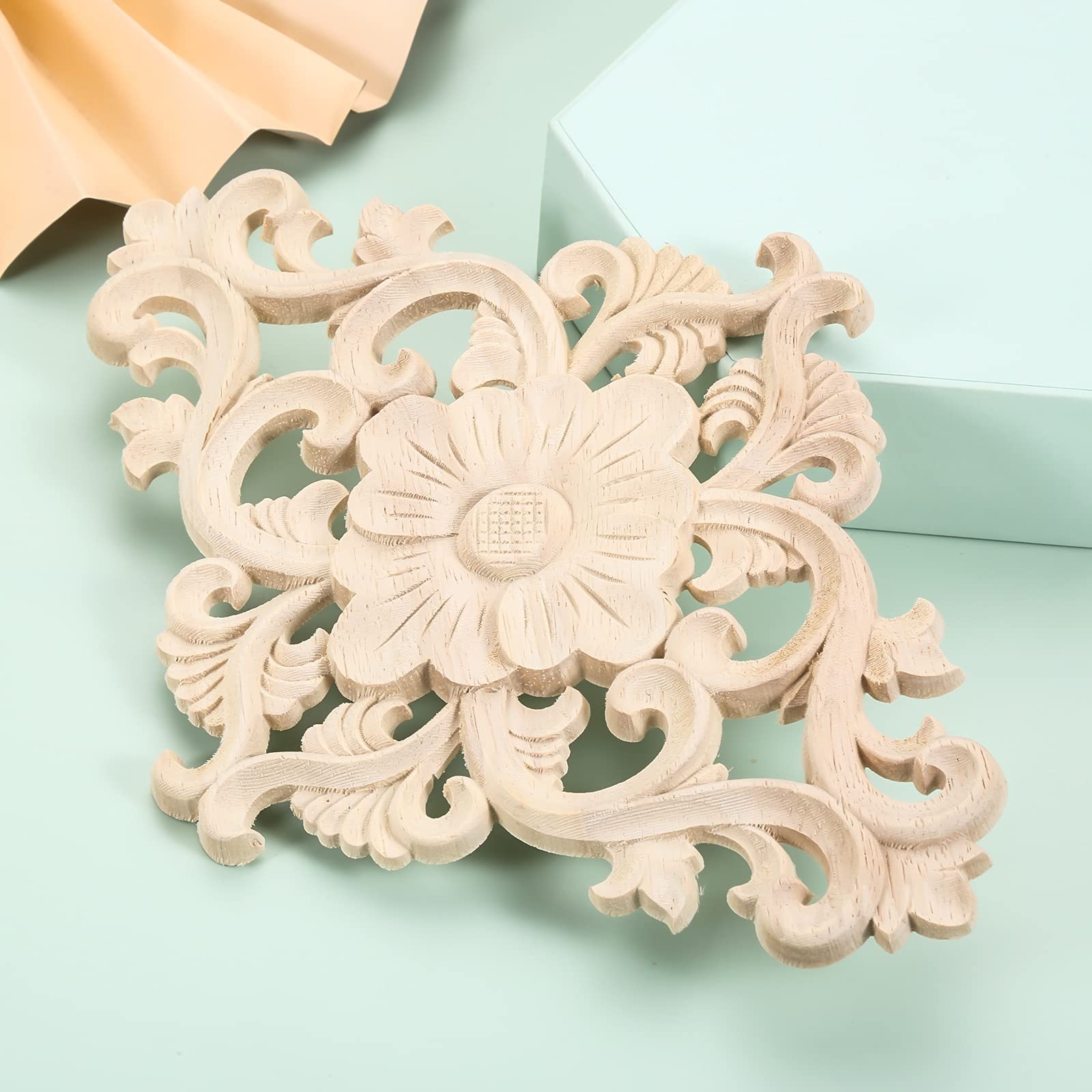 Wood Carved Appliques, 2Pcs Wooden Decorative Onlays, Unpainted Furniture Cen…