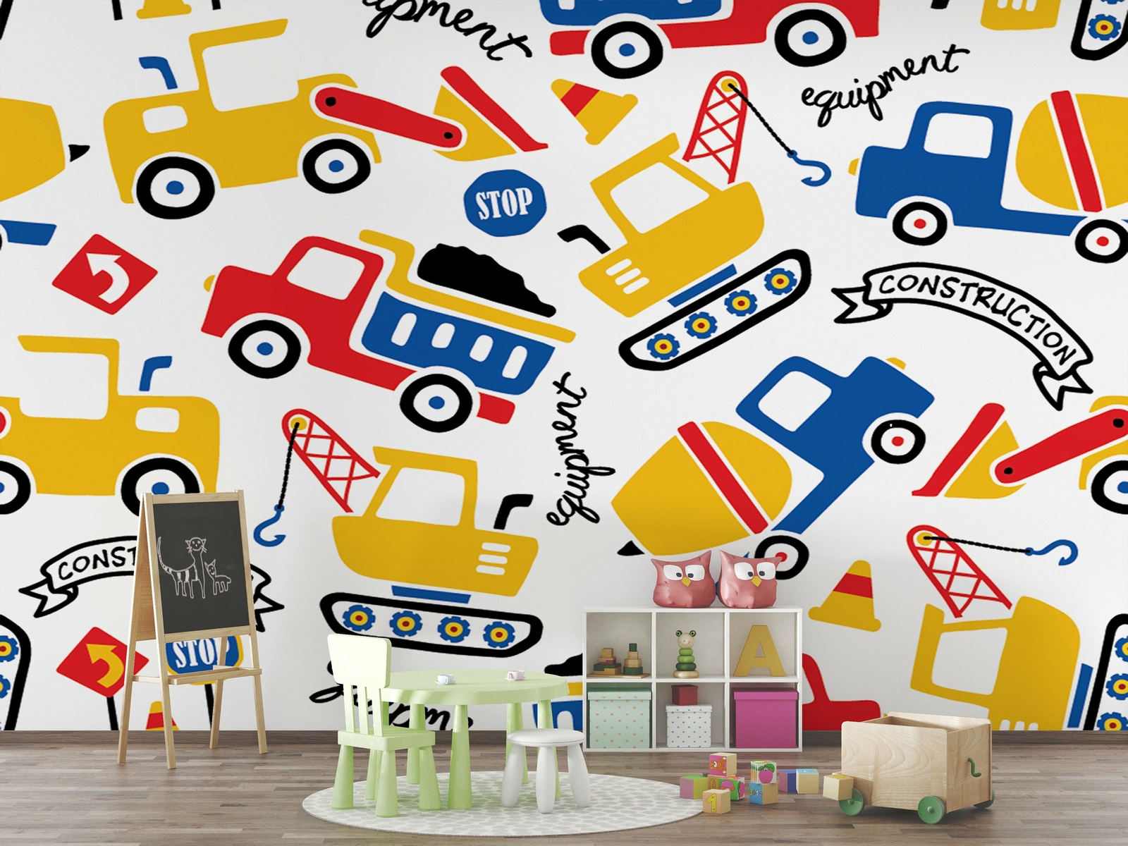 Cartoon Construction Vehicles Wallpaper – Large Wall Mural – Self-adhesive