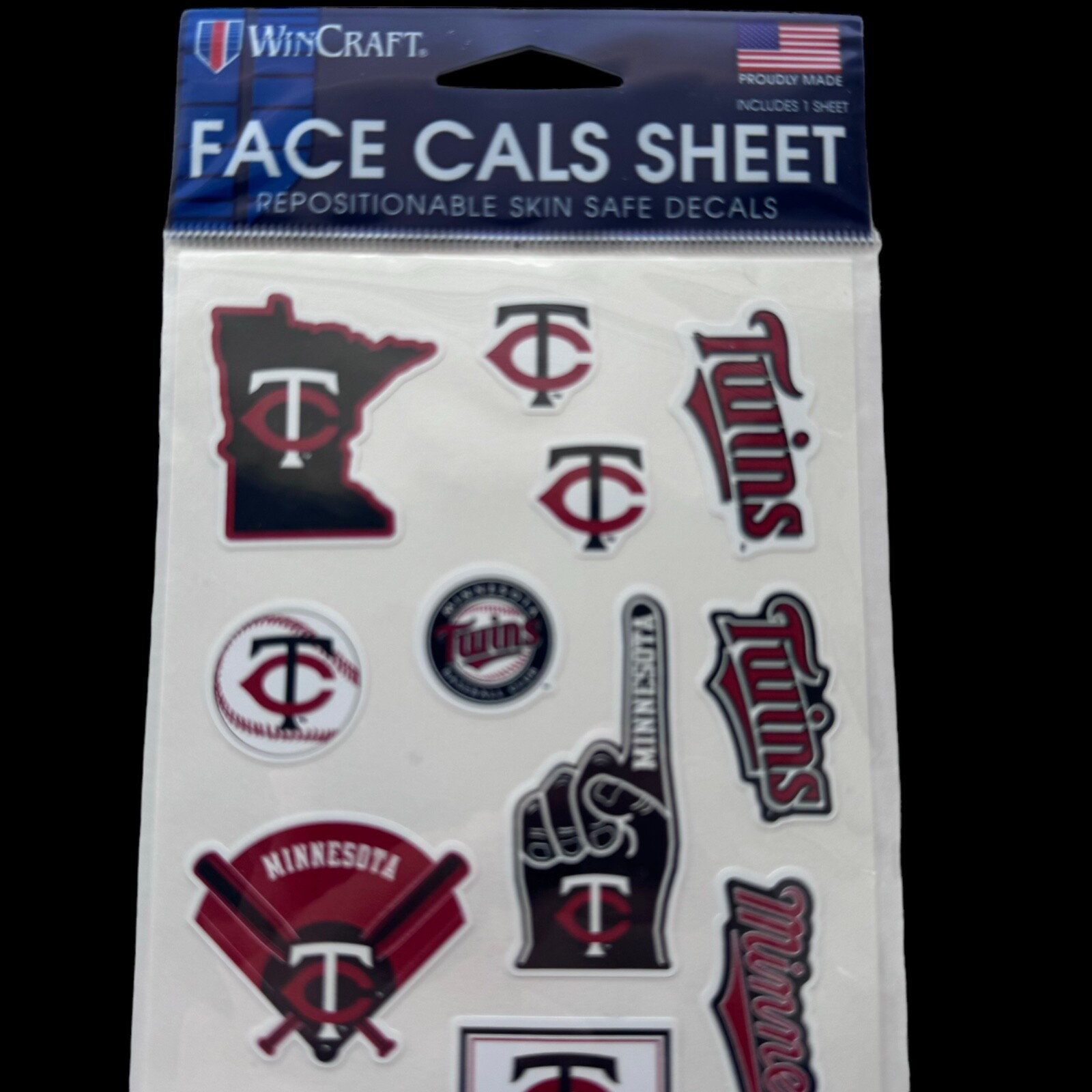 Minnesota TWINS MLB Face Cal Repositionable Safe Decals Wincraft Red Blue 15