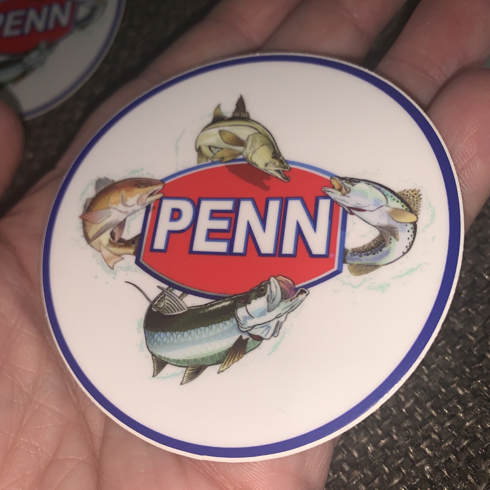 LOT OF 4 Rare 3” PENN Reels STICKER Logo w/ 4 Fish BLUE BORDER Fishing