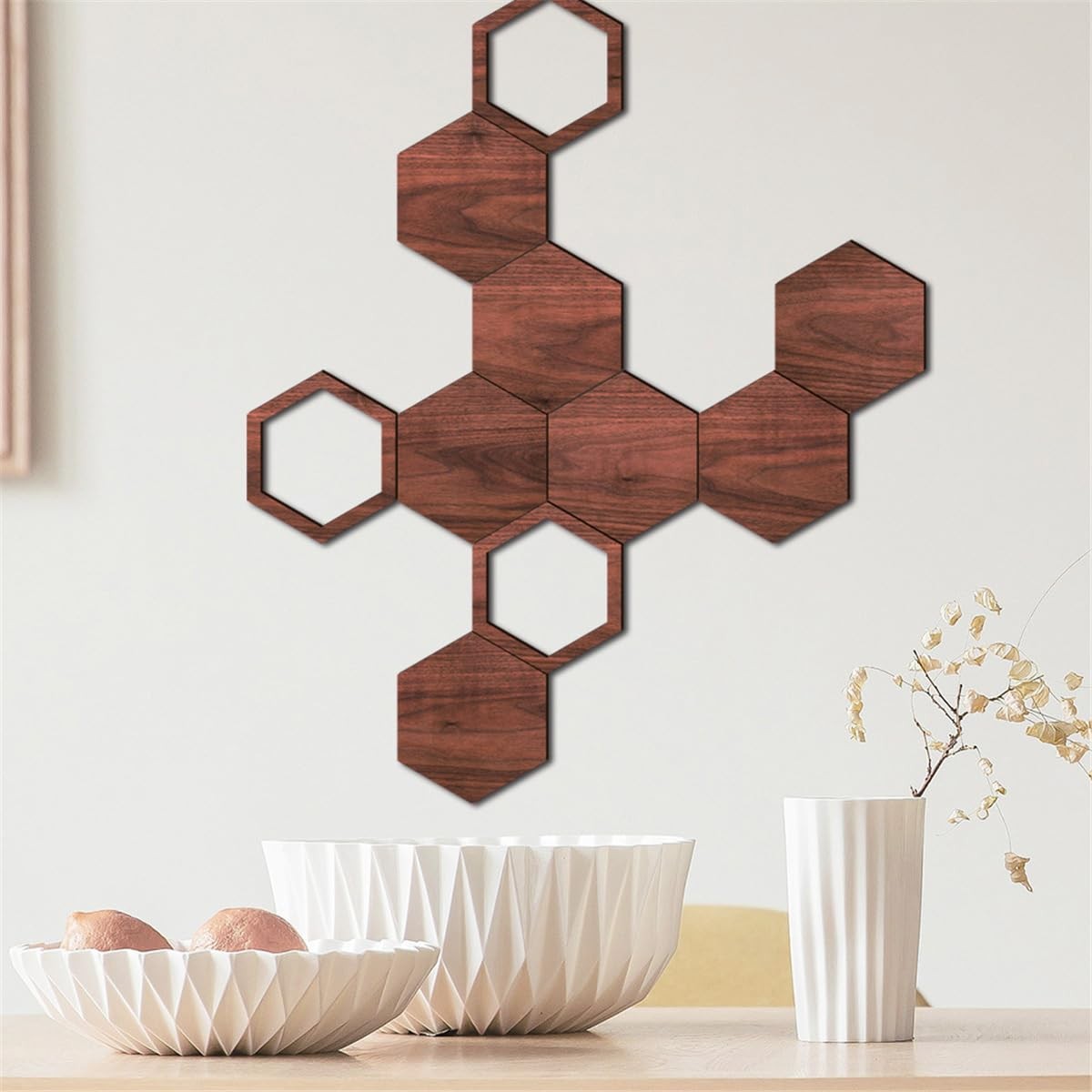 Wooden Hexagon Wall Stickers, 10 PCS Removable Hexagonal Wall Stickers, 3D He…