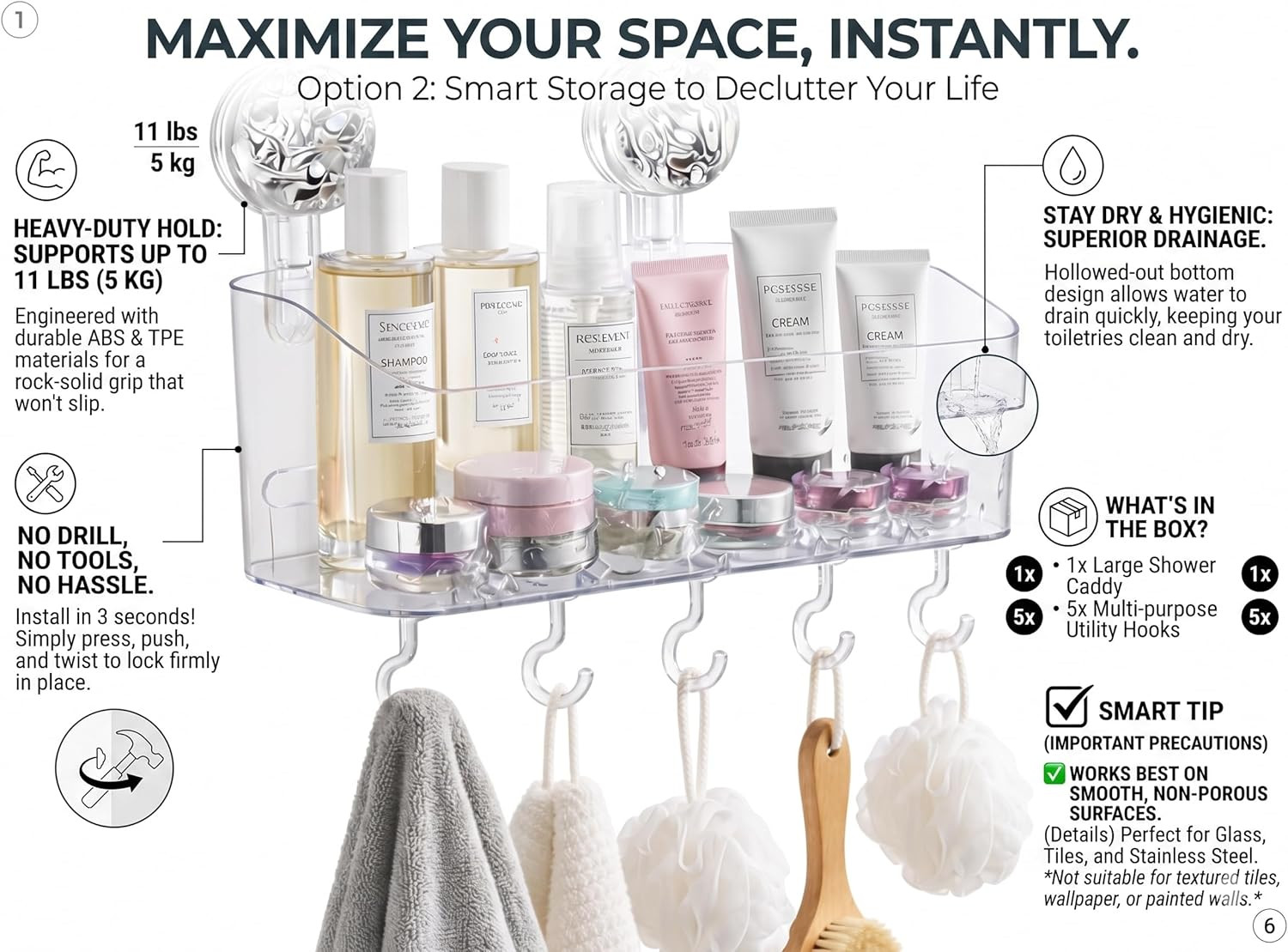 Suction Cup Shower Caddy for Bathroom & Shower, Drill-Free Toothpaste, and Razor