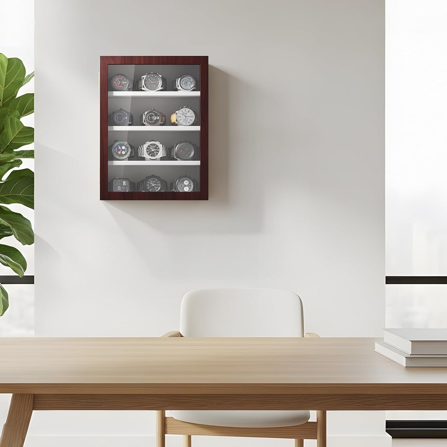 12-Slot Watch Display Case, Wall Mount Wooden Watch Box, Vertical Storage Men…