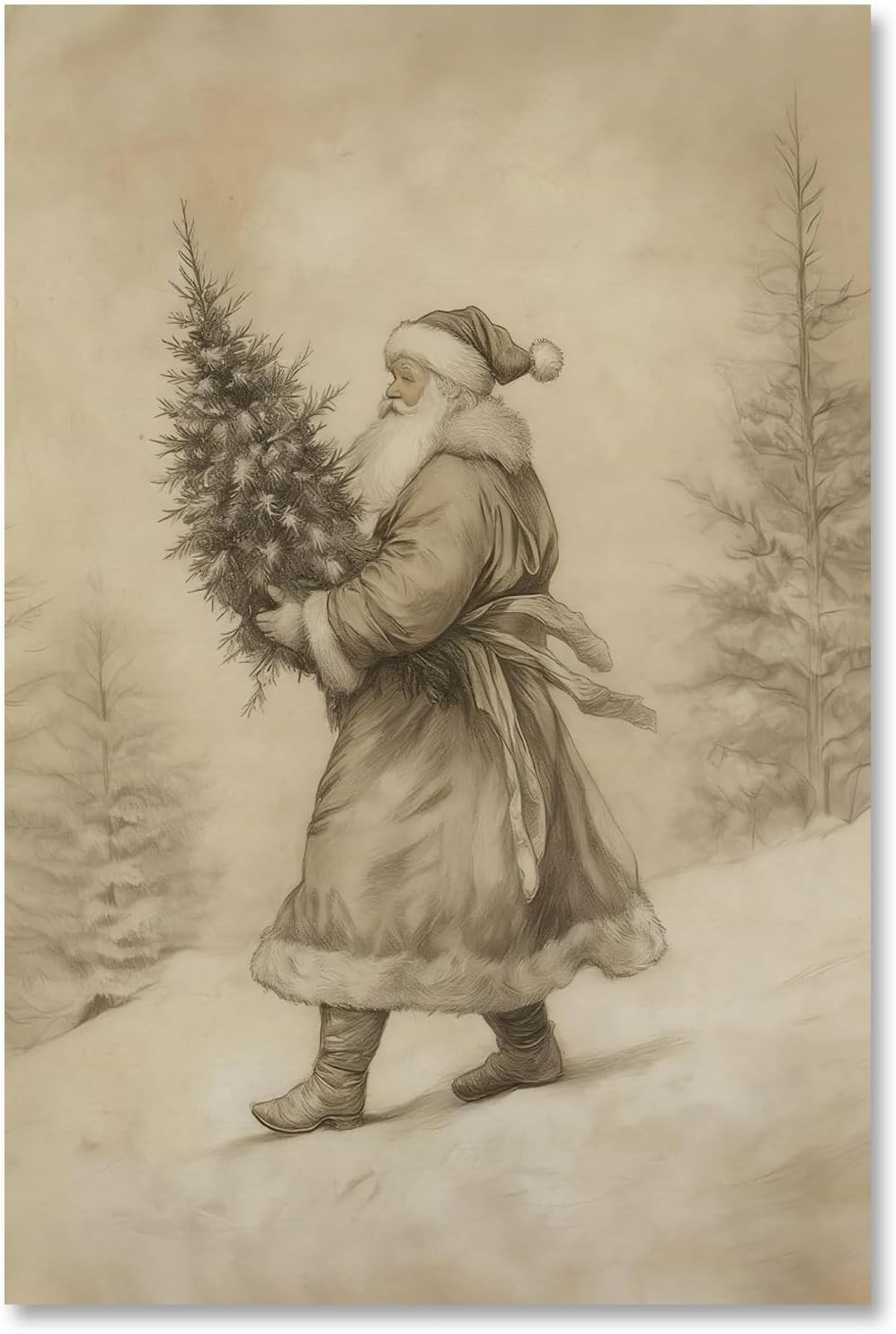 Vintage Christmas Wall Art Neutral Sketch Santa Claus Holding Tree Poster Farmho