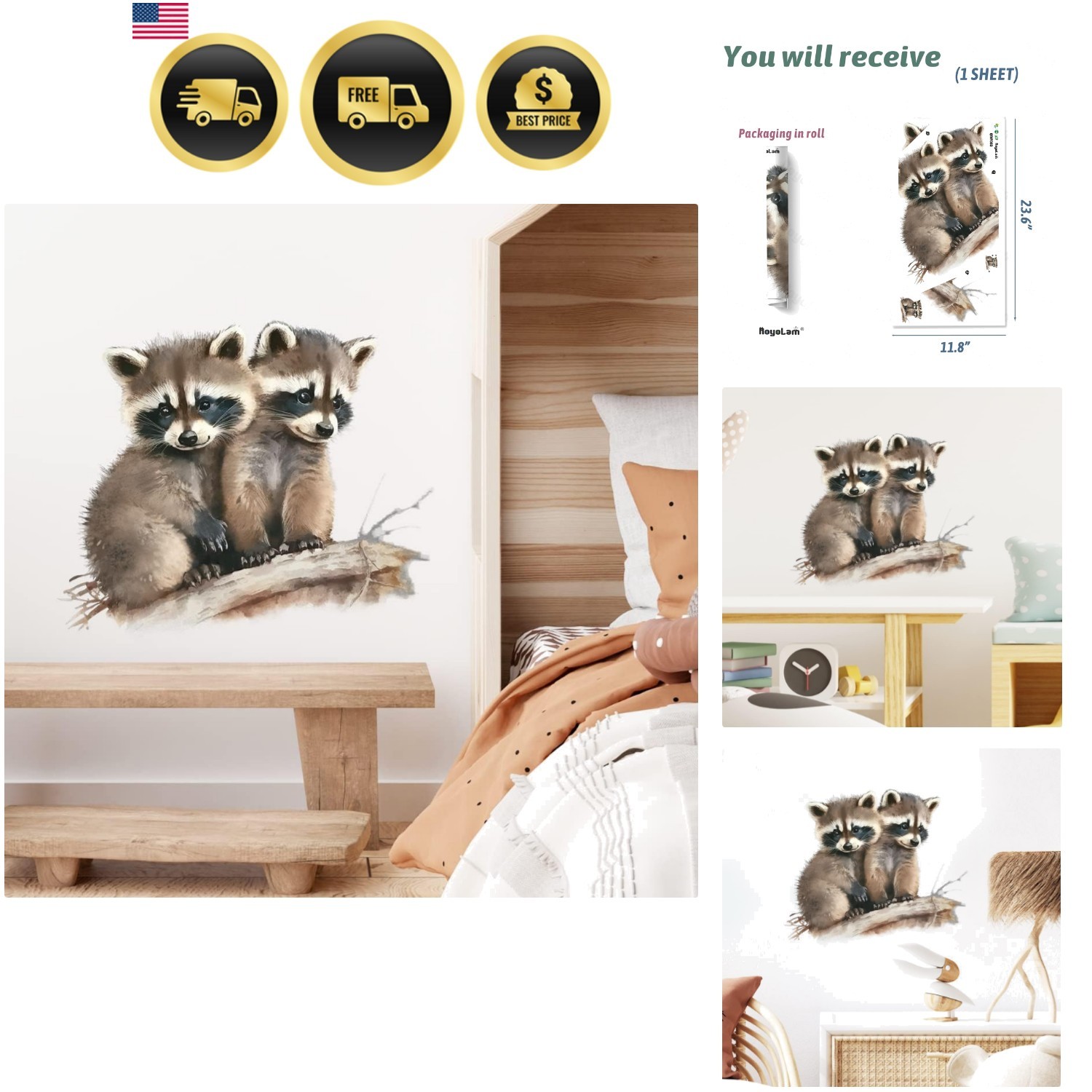 Animal Wall Decal Raccoon Removable Waterproof Nursery Wall Sticker Kids Room